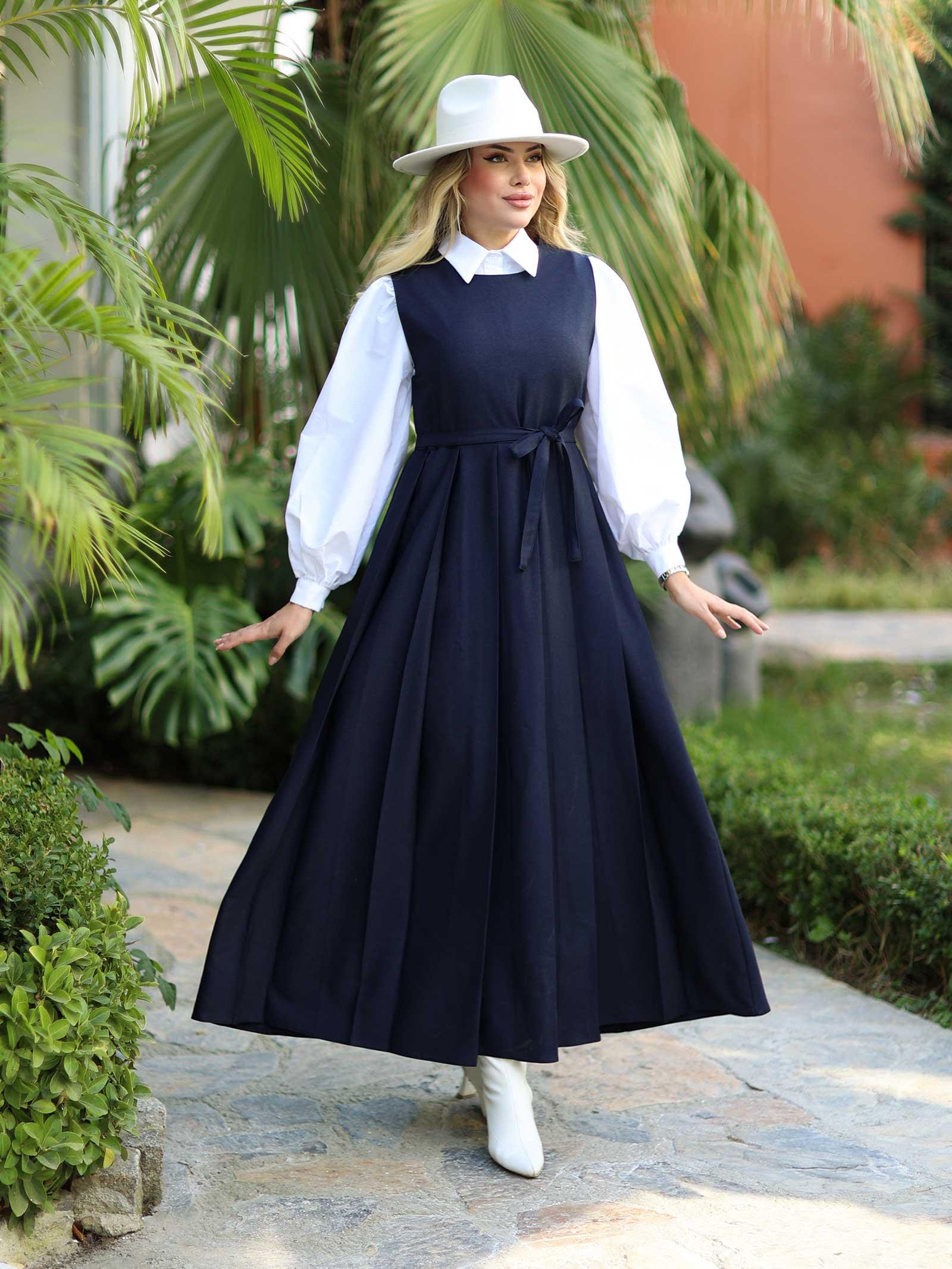 Lacivert Kadın Pileli Jile Elbise