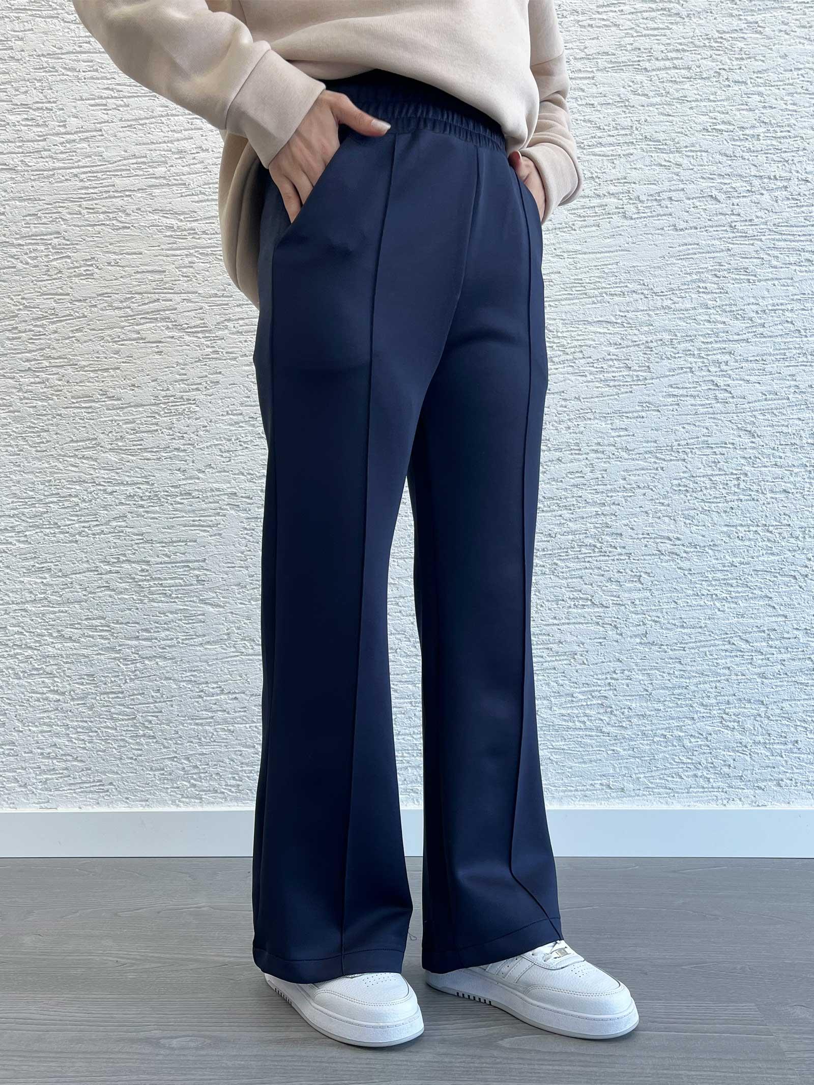 Lacivert Kadın Scuba Kumaş Bol Paça Pantolon