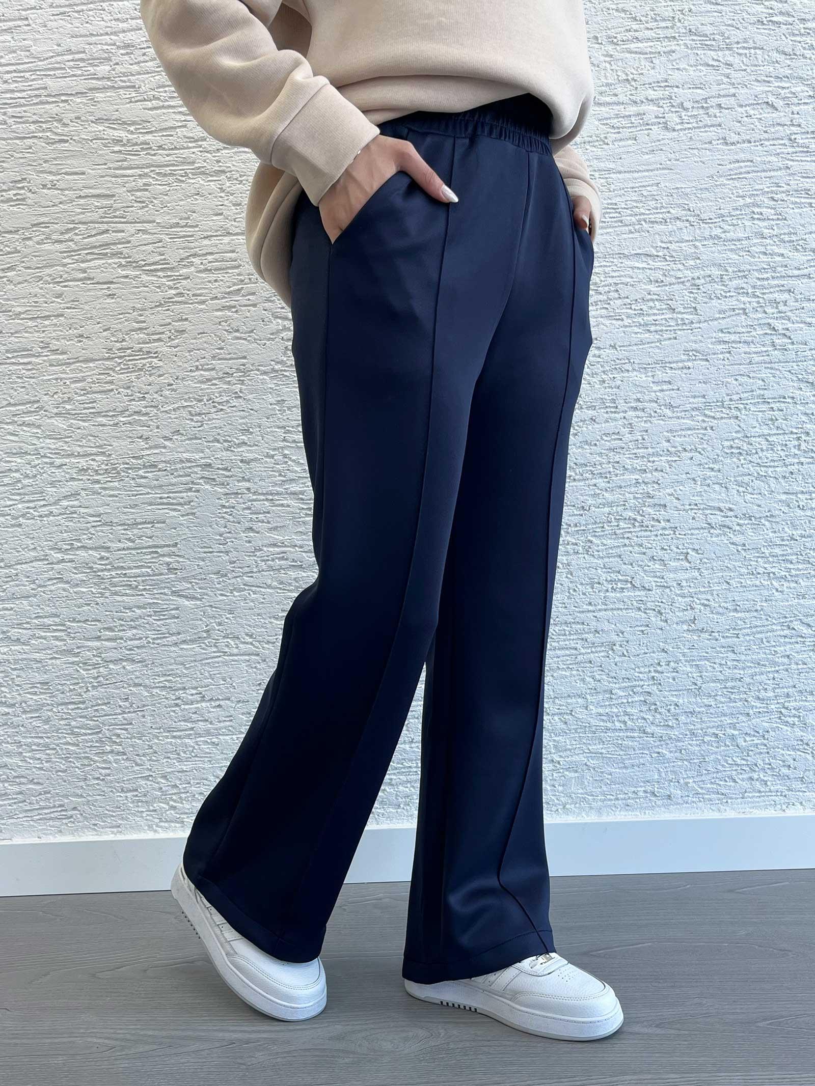 Lacivert Kadın Scuba Kumaş Bol Paça Pantolon