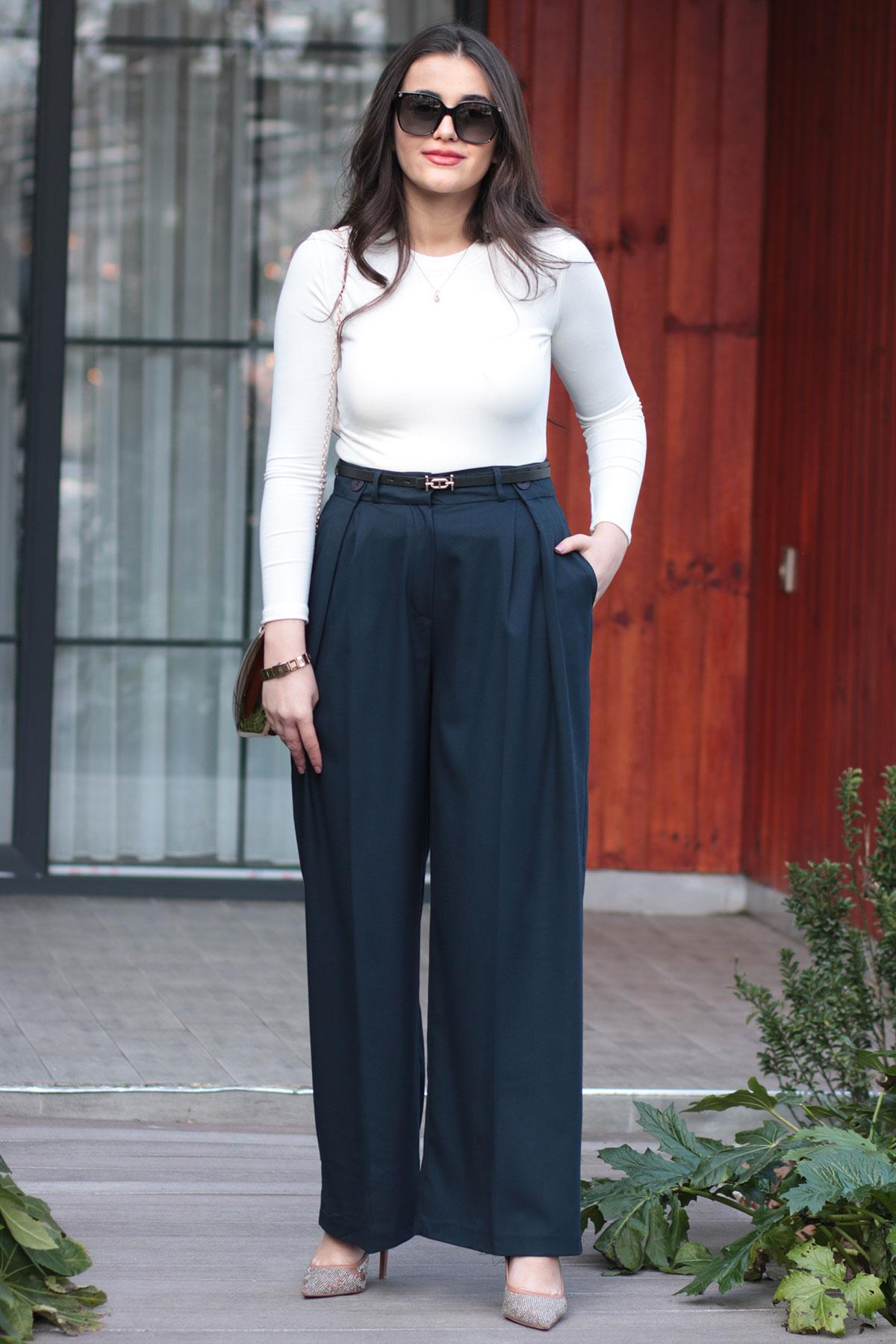 Lacivert Yüksek Bel Palazzo Pantolon