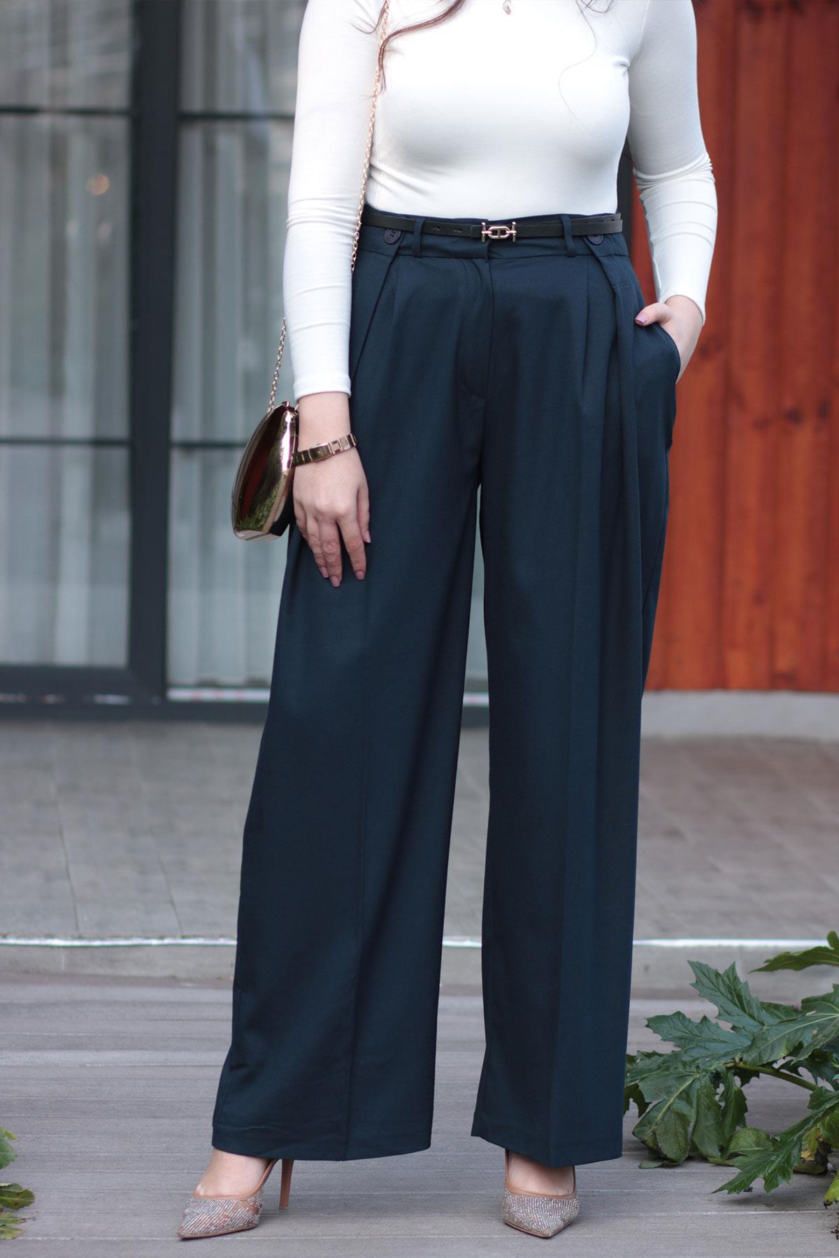 Lacivert Yüksek Bel Palazzo Pantolon