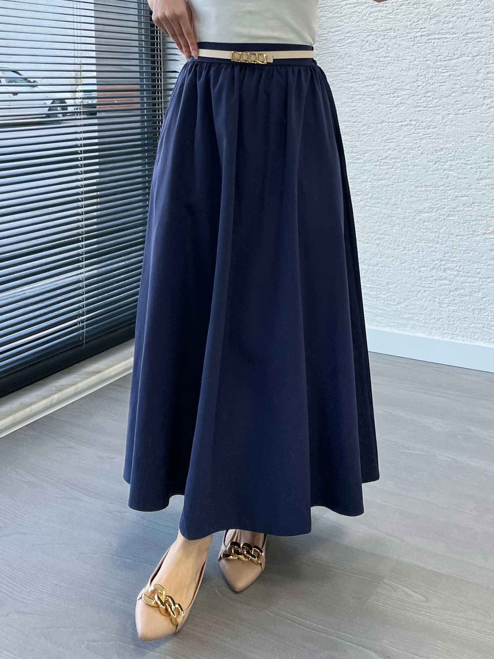 Lacivert Yüksek Bel Pileli Kadın Etek