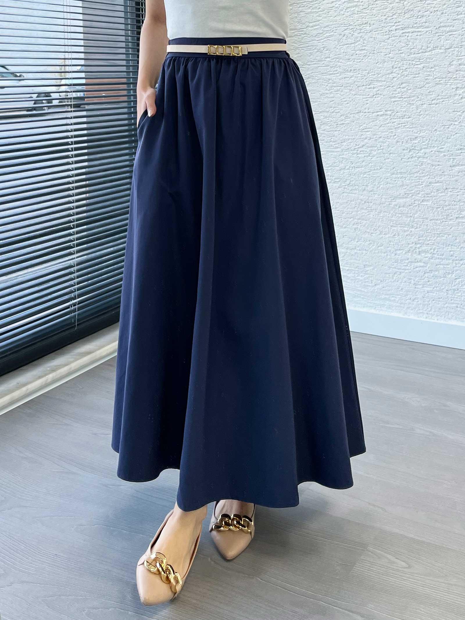 Lacivert Yüksek Bel Pileli Kadın Etek