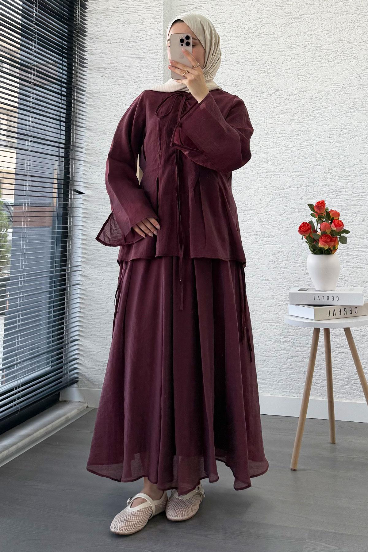 Leona Örgü Yaka Detaylı Vual Takım - Bordo