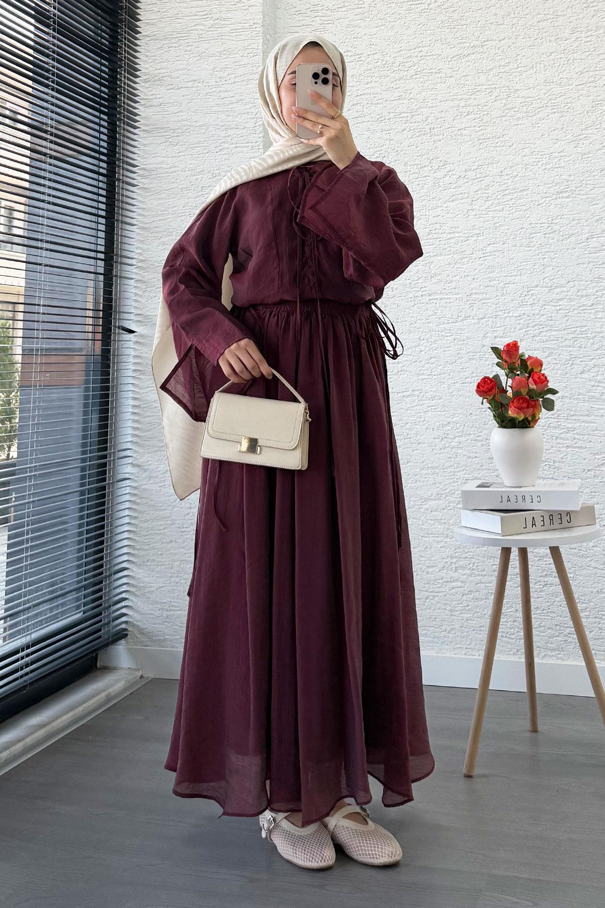 Leona Örgü Yaka Detaylı Vual Takım - Bordo