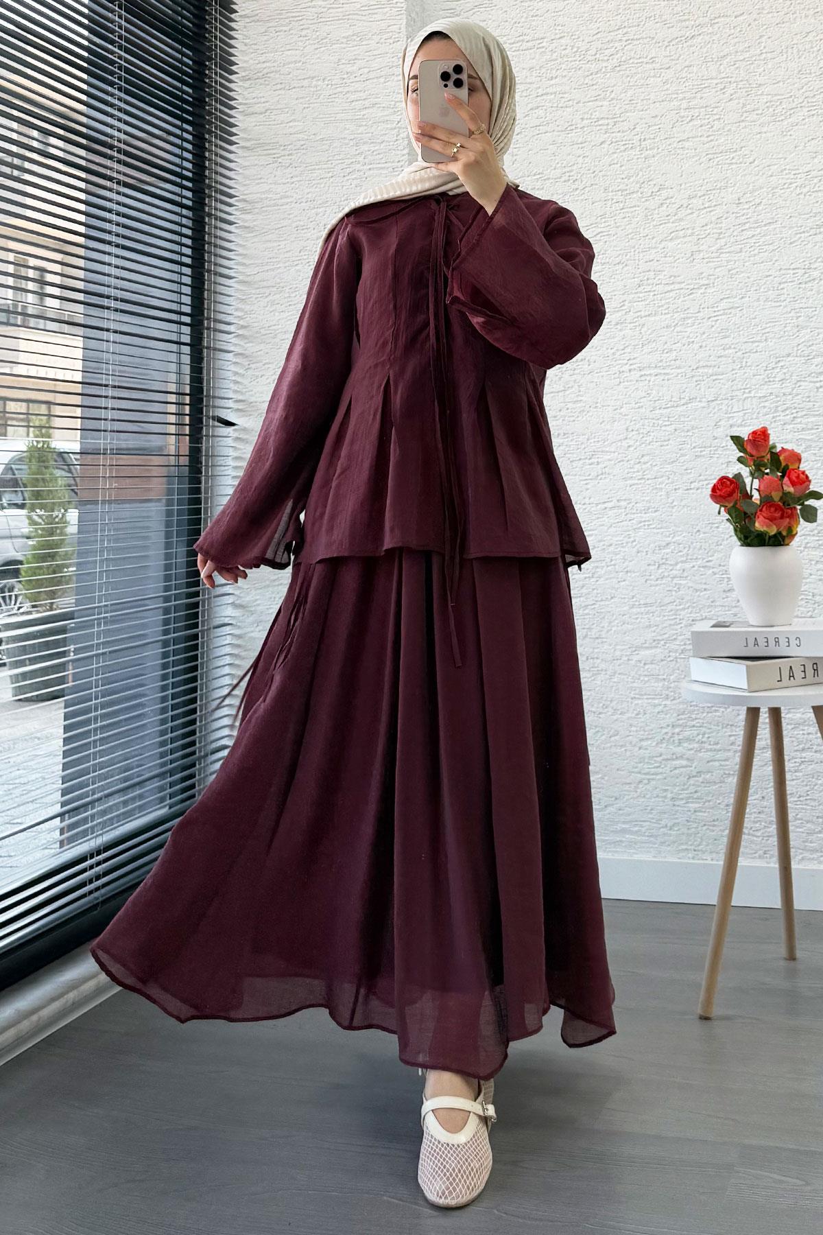 Leona Örgü Yaka Detaylı Vual Takım - Bordo