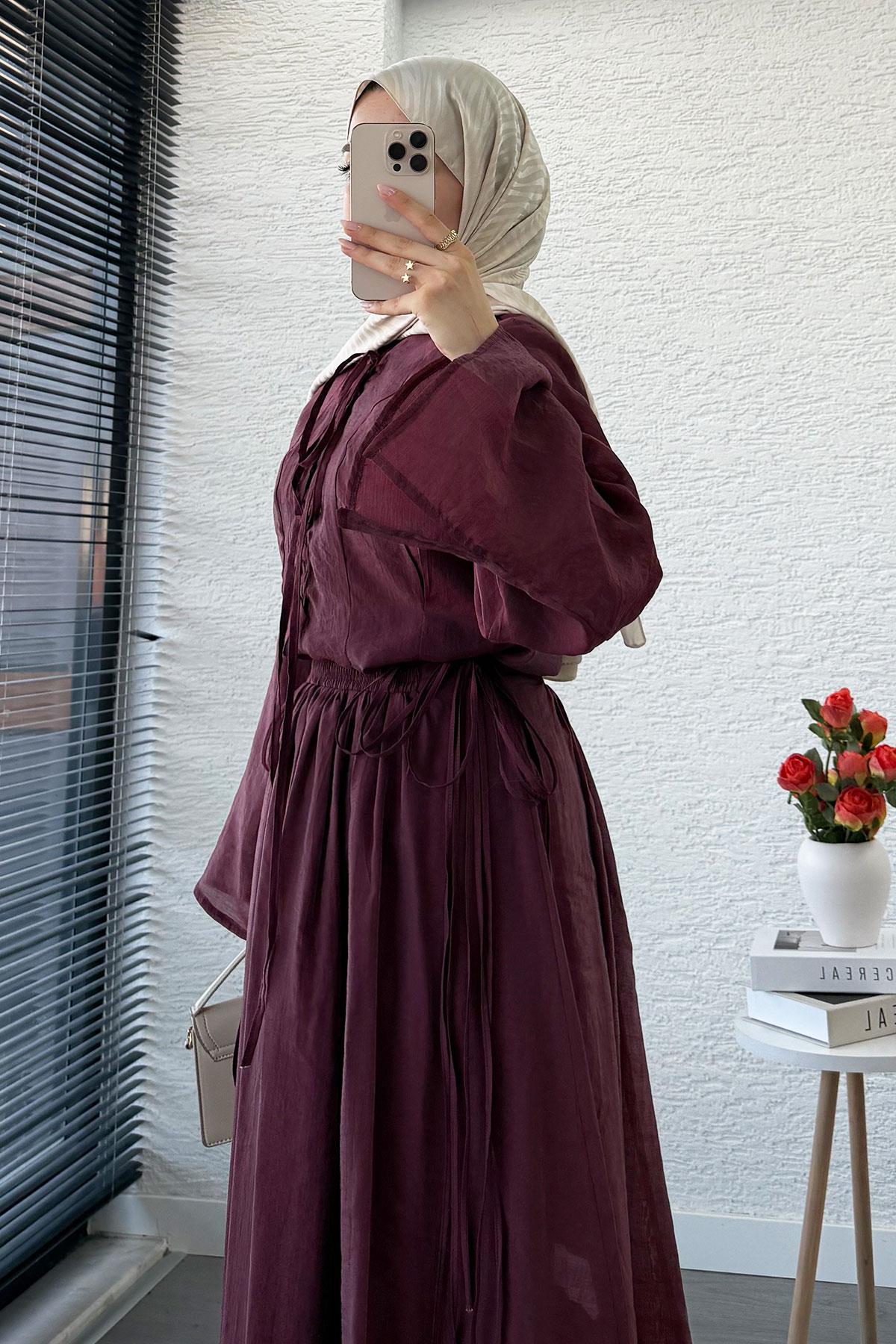 Leona Örgü Yaka Detaylı Vual Takım - Bordo