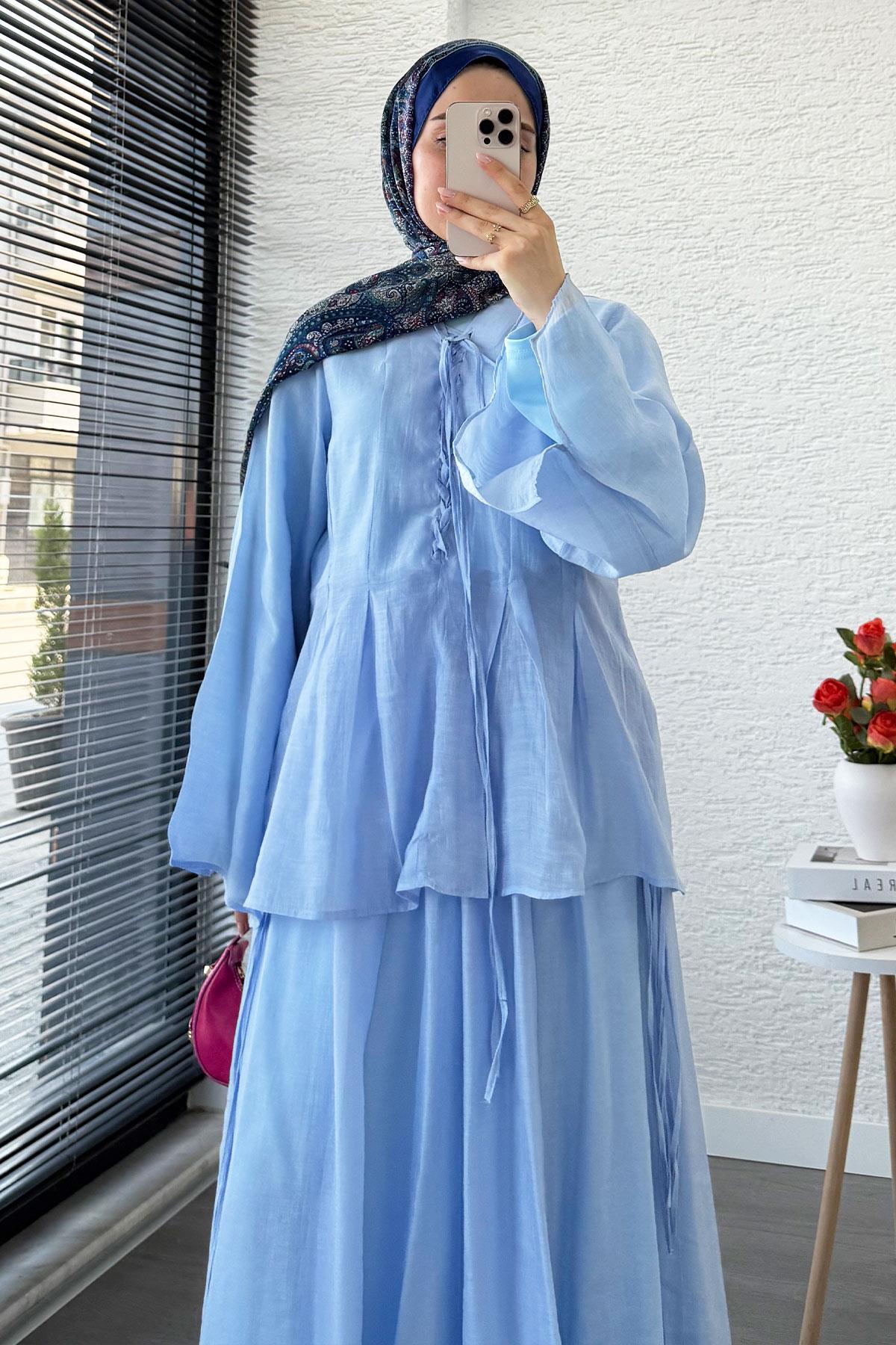 Leona Örgü Yaka Detaylı Vual Takım - Mavi