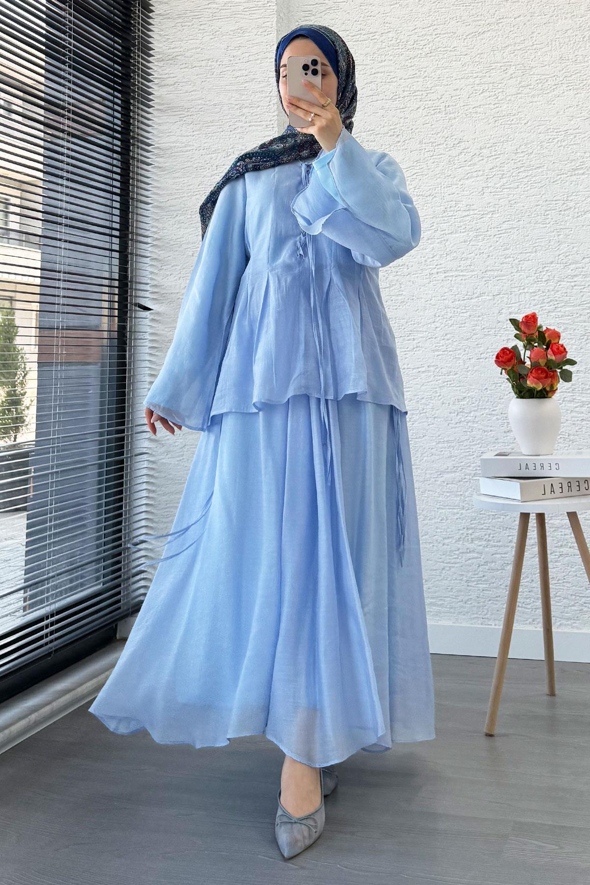 Leona Örgü Yaka Detaylı Vual Takım - Mavi