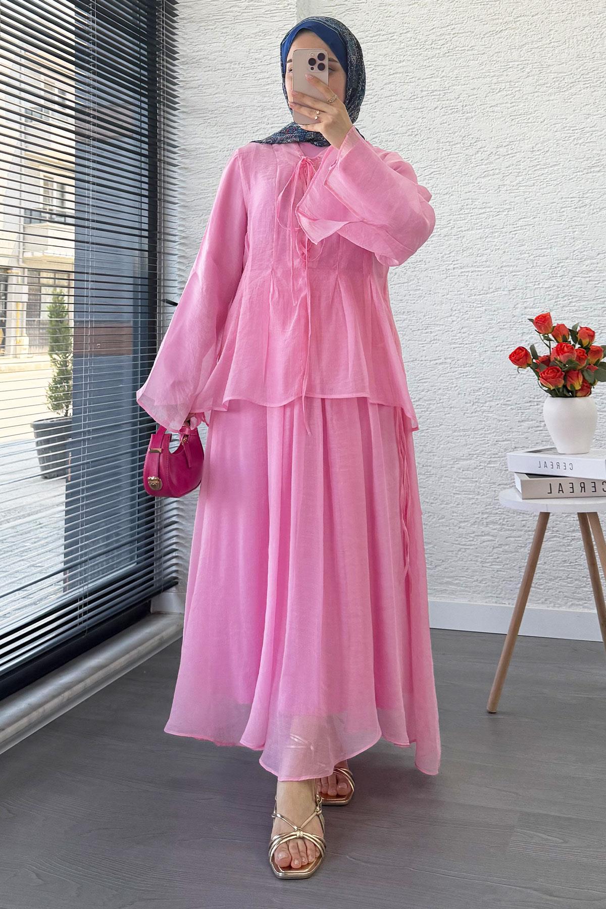 Leona Örgü Yaka Detaylı Vual Takım - Pembe