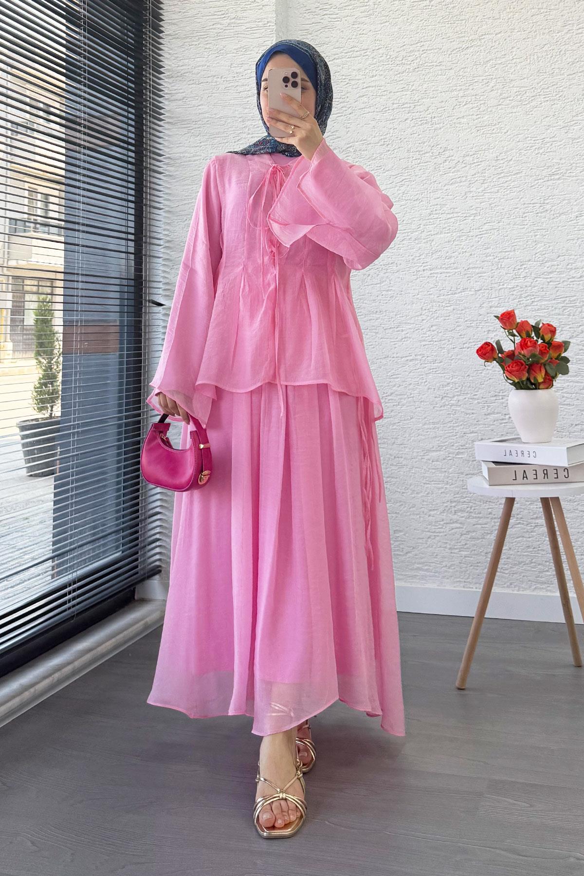 Leona Örgü Yaka Detaylı Vual Takım - Pembe