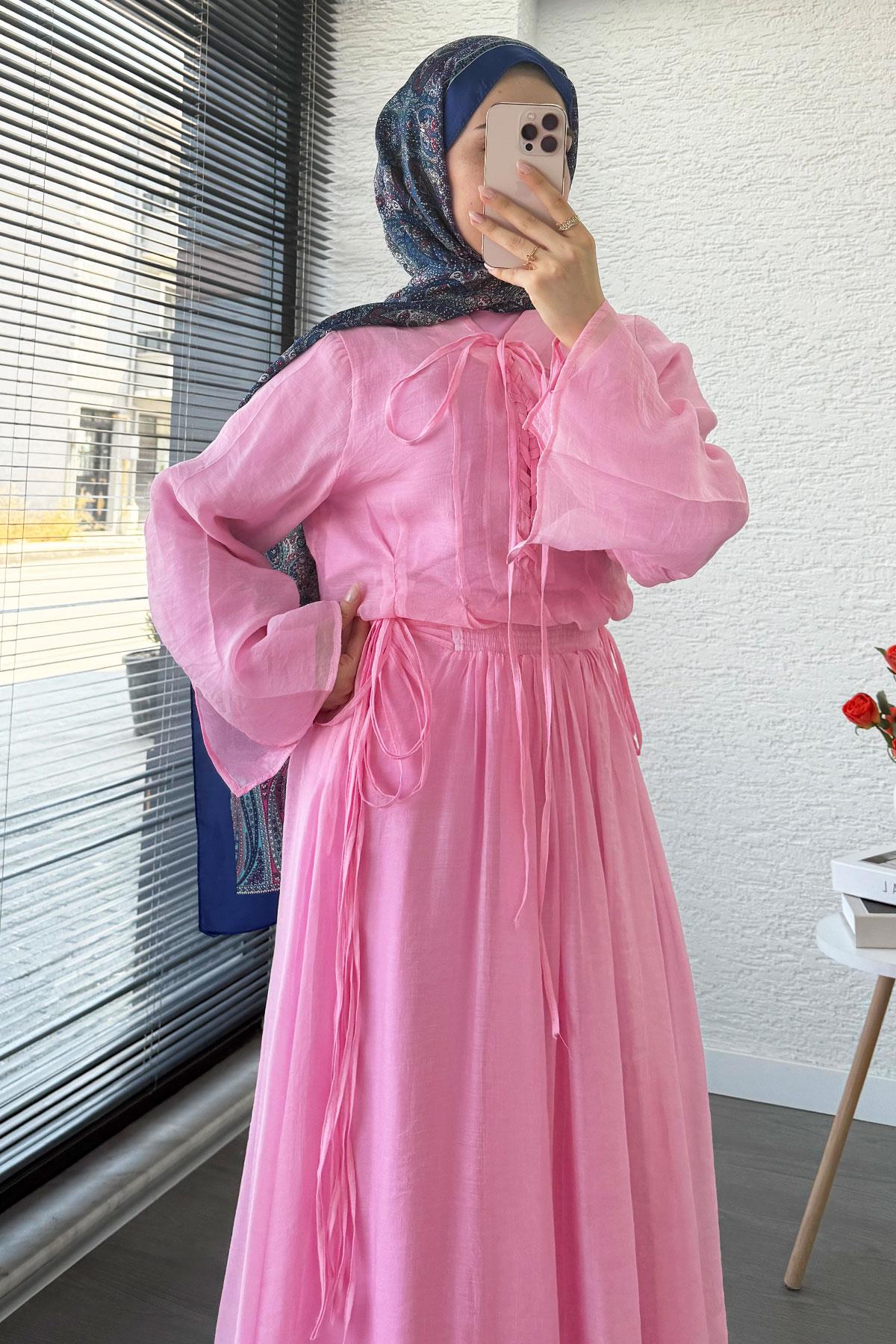 Leona Örgü Yaka Detaylı Vual Takım - Pembe