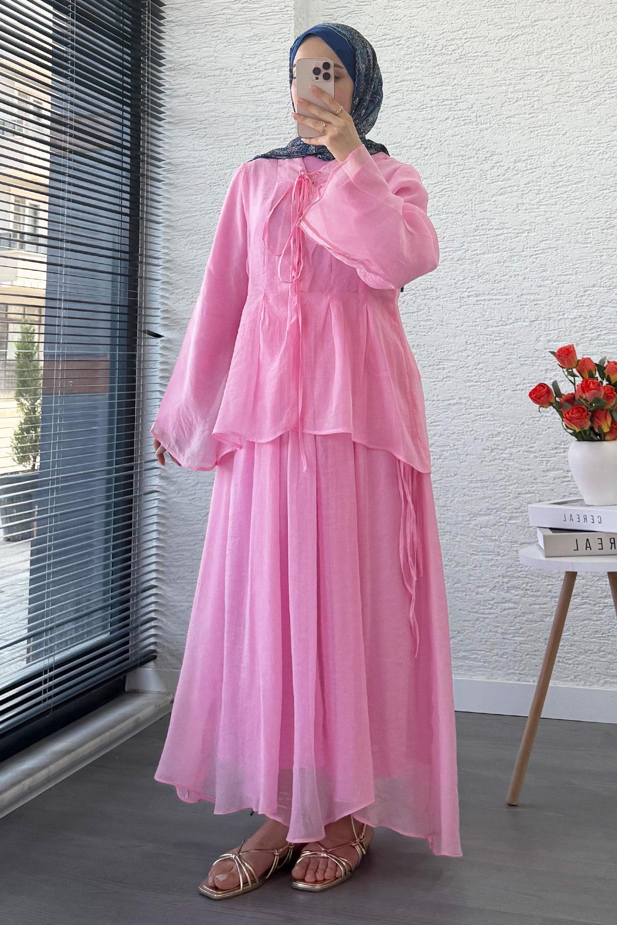 Leona Örgü Yaka Detaylı Vual Takım - Pembe