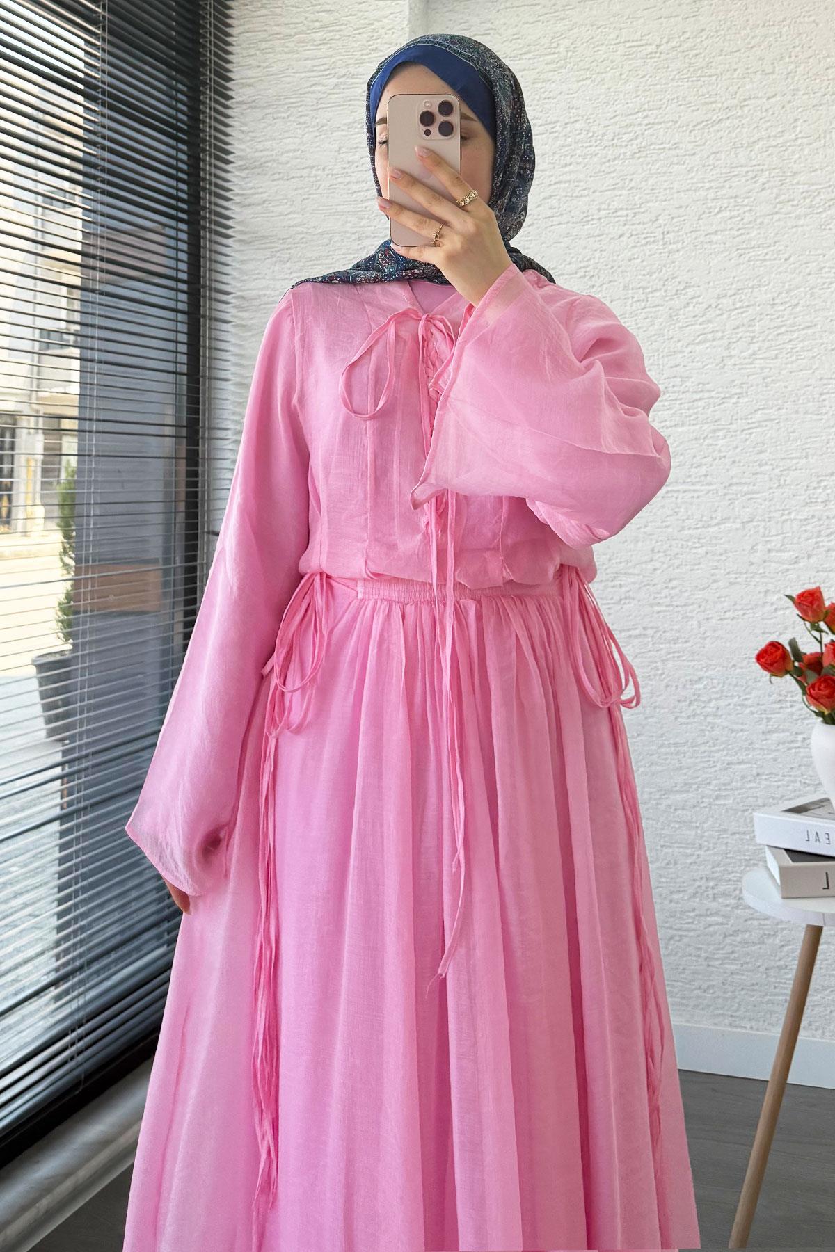 Leona Örgü Yaka Detaylı Vual Takım - Pembe