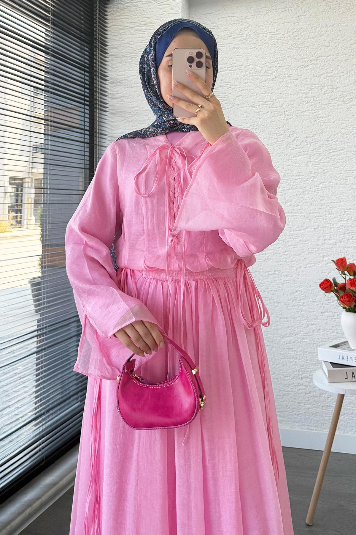 Leona Örgü Yaka Detaylı Vual Takım - Pembe