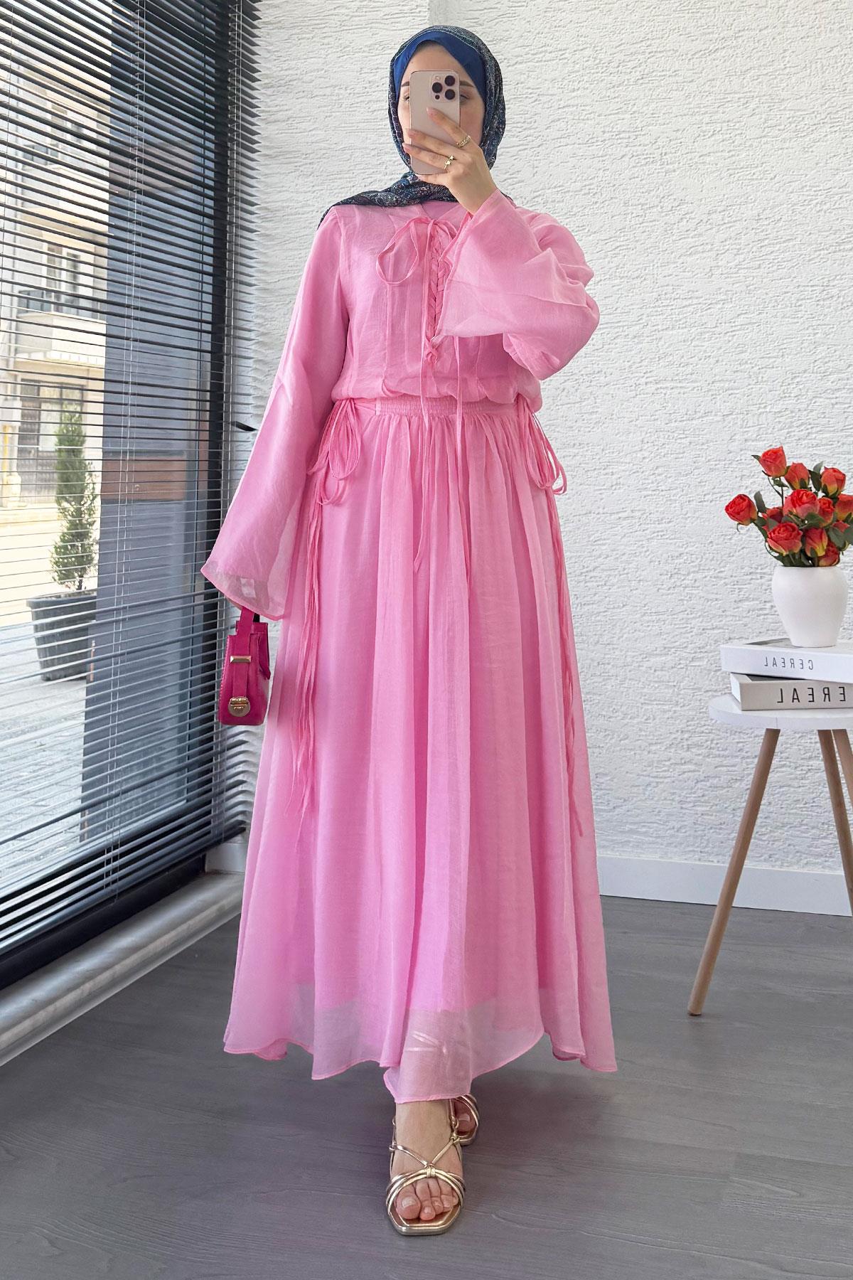 Leona Örgü Yaka Detaylı Vual Takım - Pembe