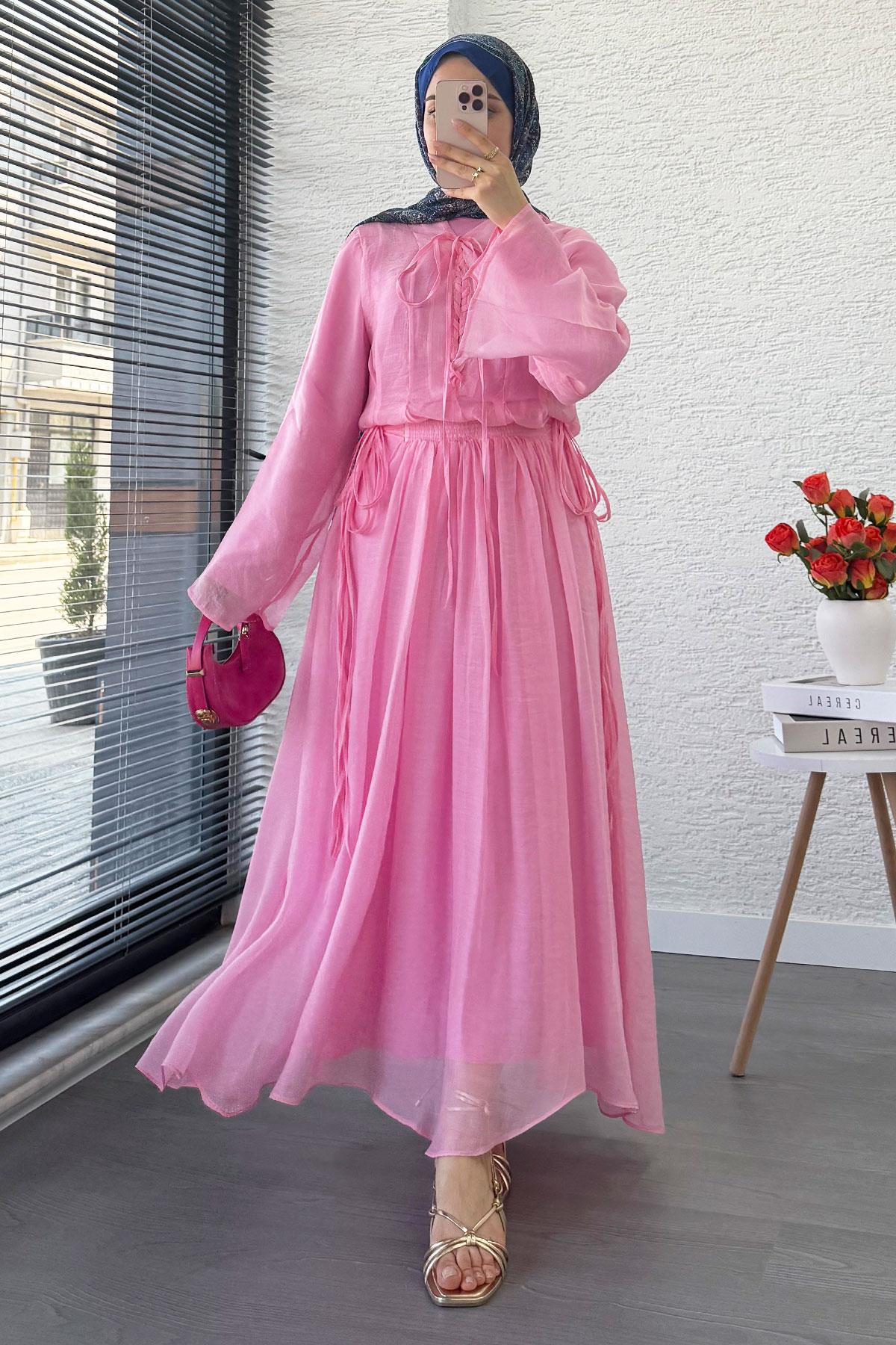 Leona Örgü Yaka Detaylı Vual Takım - Pembe