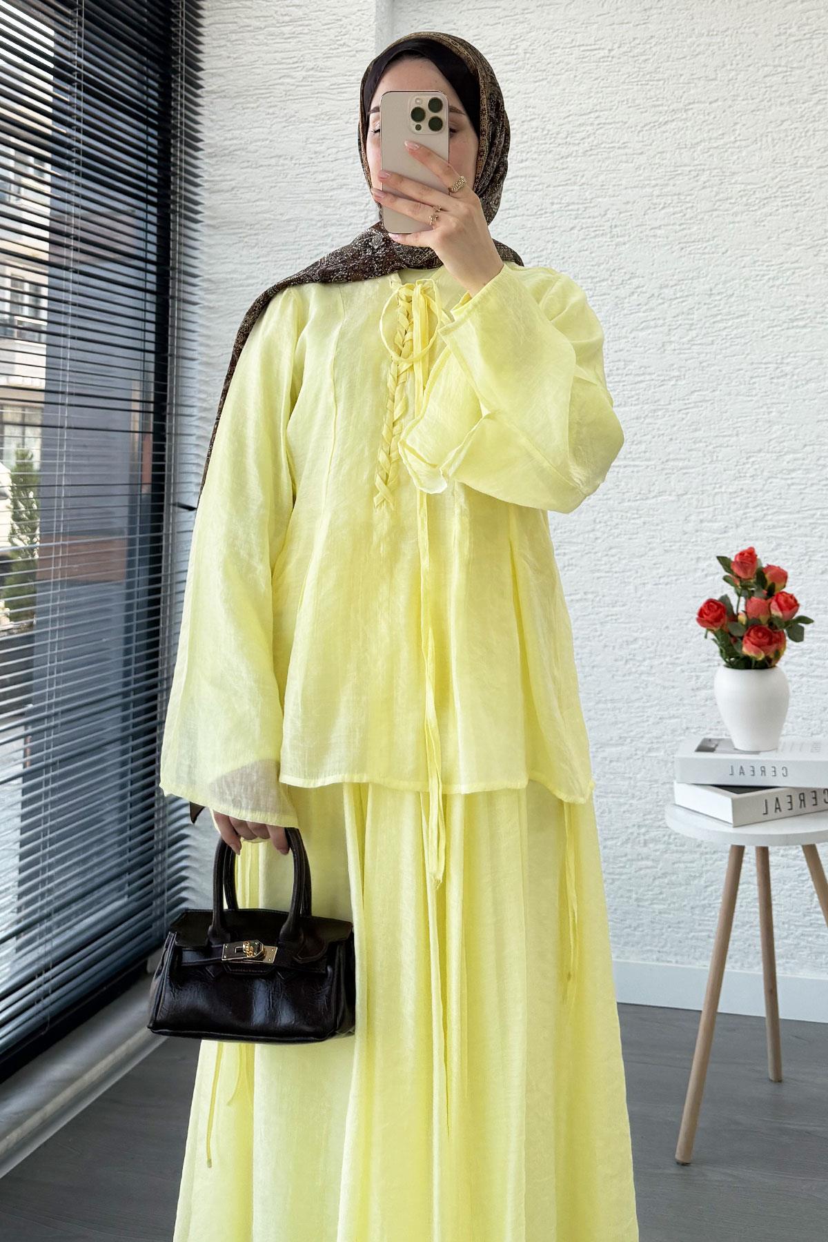 Leona Örgü Yaka Detaylı Vual Takım - Sarı