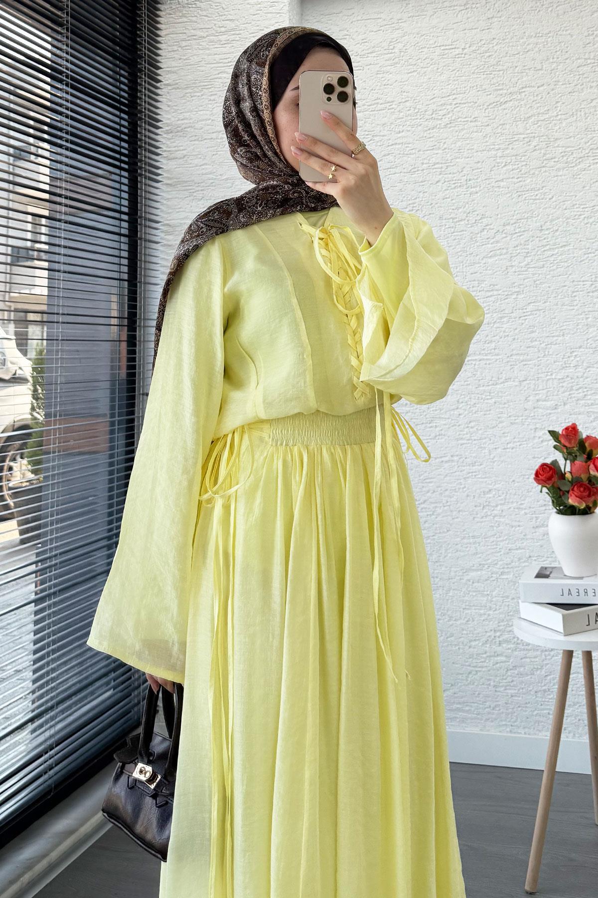 Leona Örgü Yaka Detaylı Vual Takım - Sarı