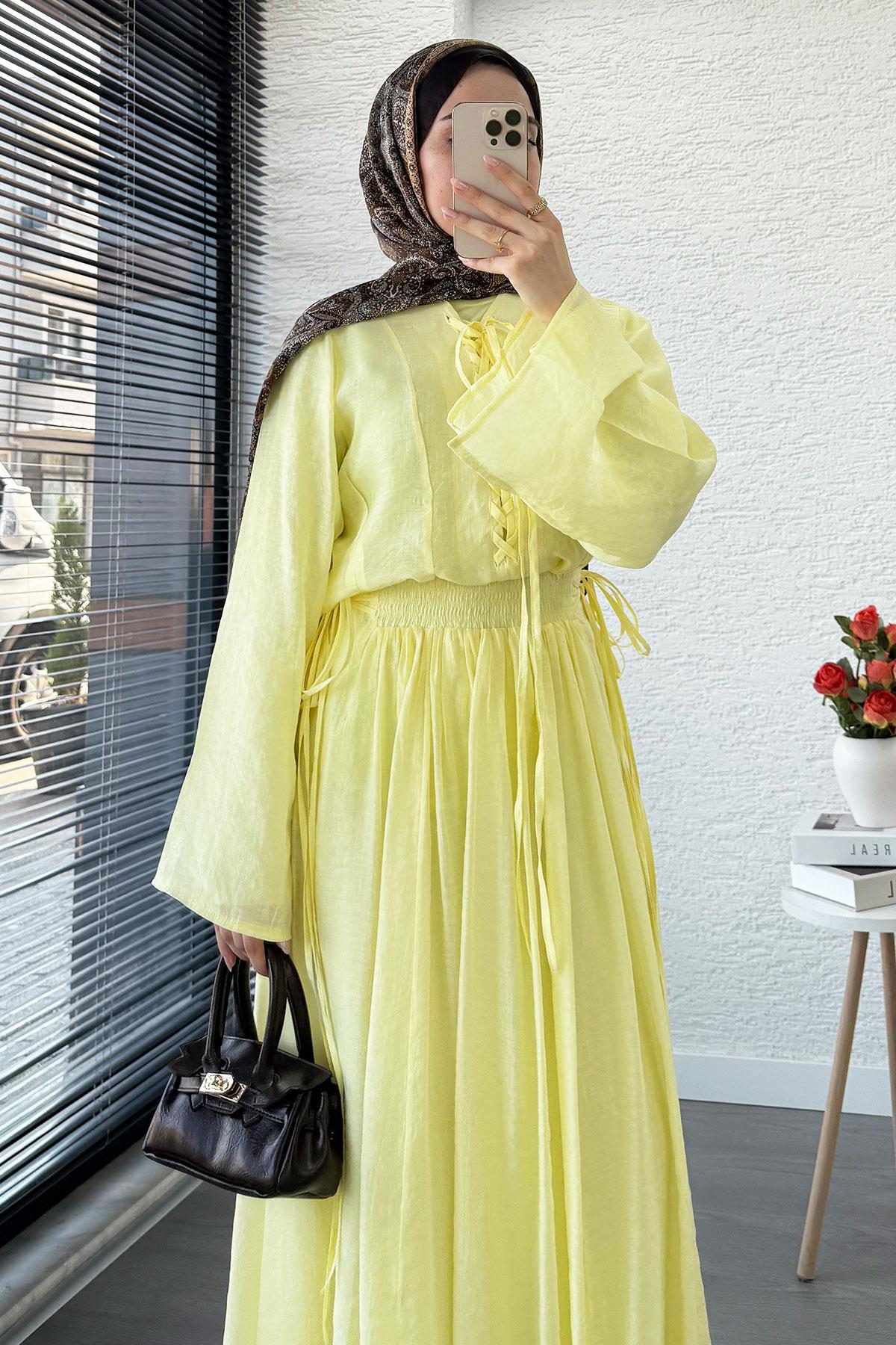 Leona Örgü Yaka Detaylı Vual Takım - Sarı