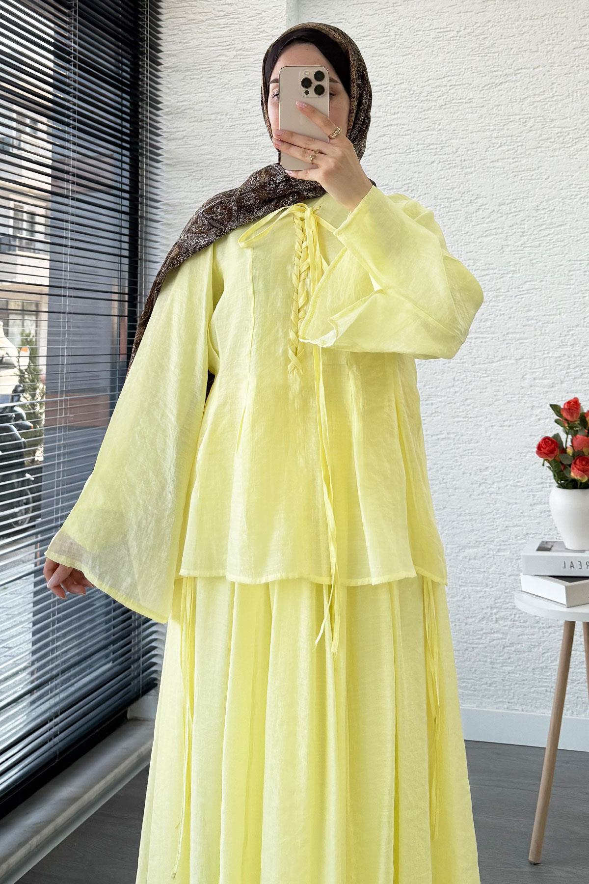 Leona Örgü Yaka Detaylı Vual Takım - Sarı