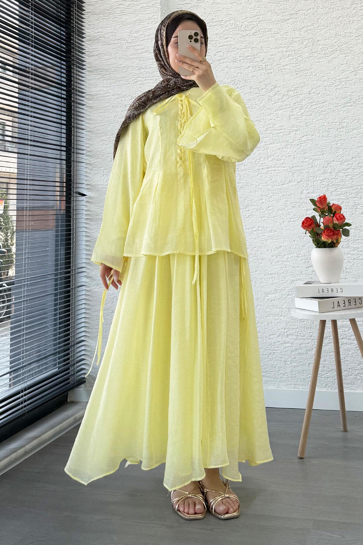 Leona Örgü Yaka Detaylı Vual Takım - Sarı