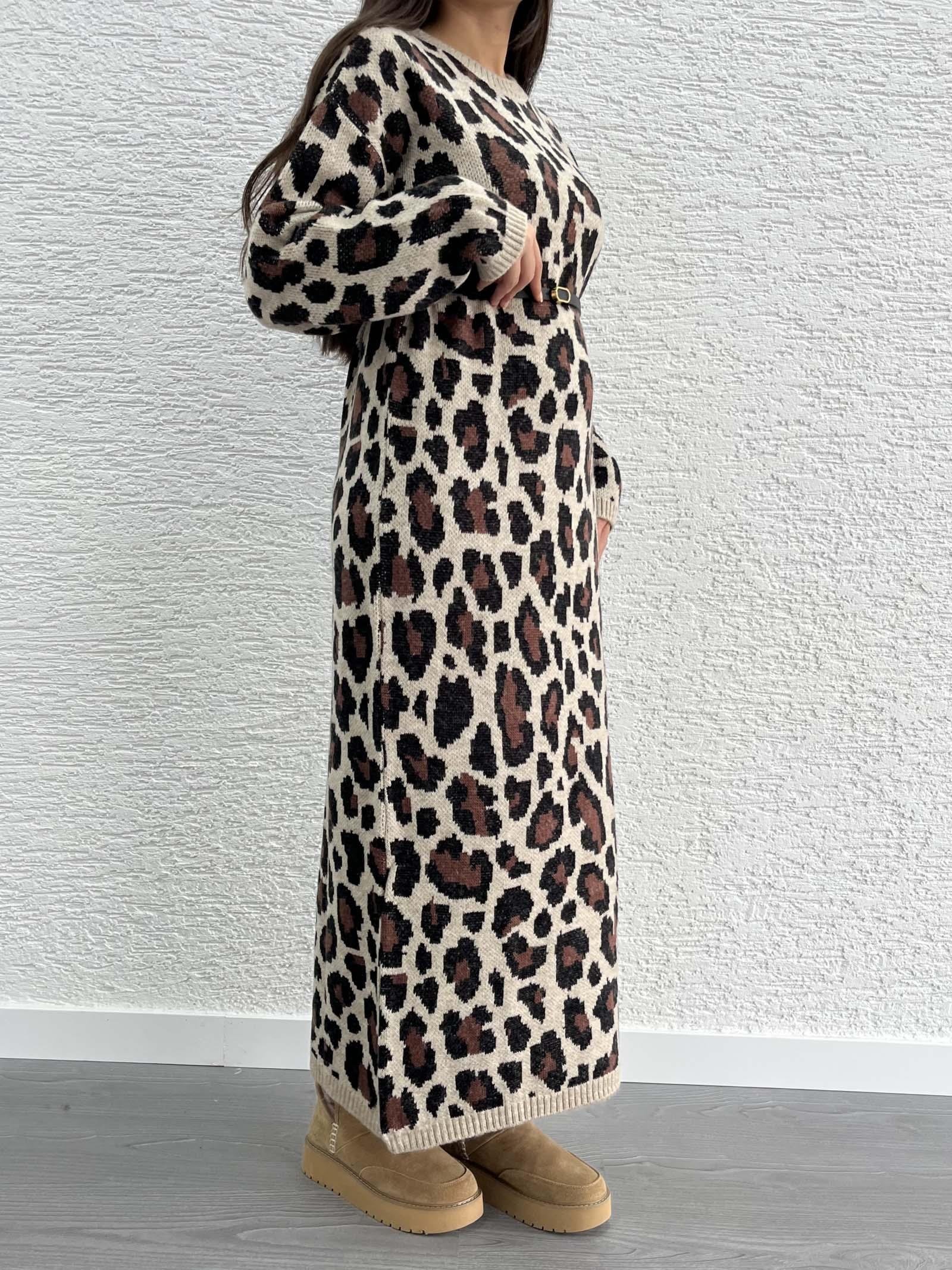 Leopar Desen Triko Elbise