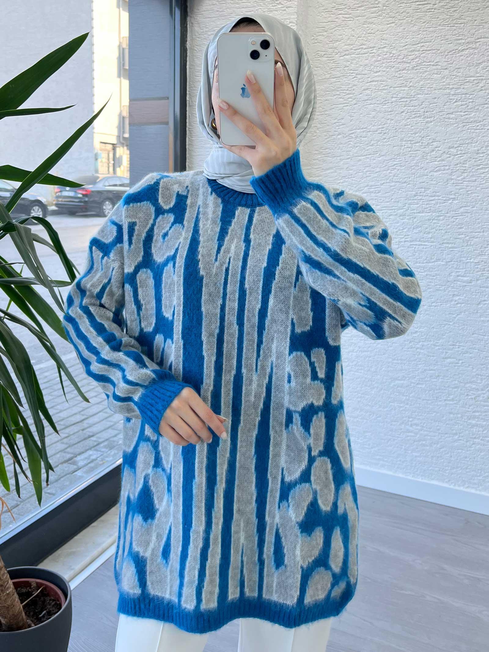 Mavi Leopar Desen Kazak Tunik