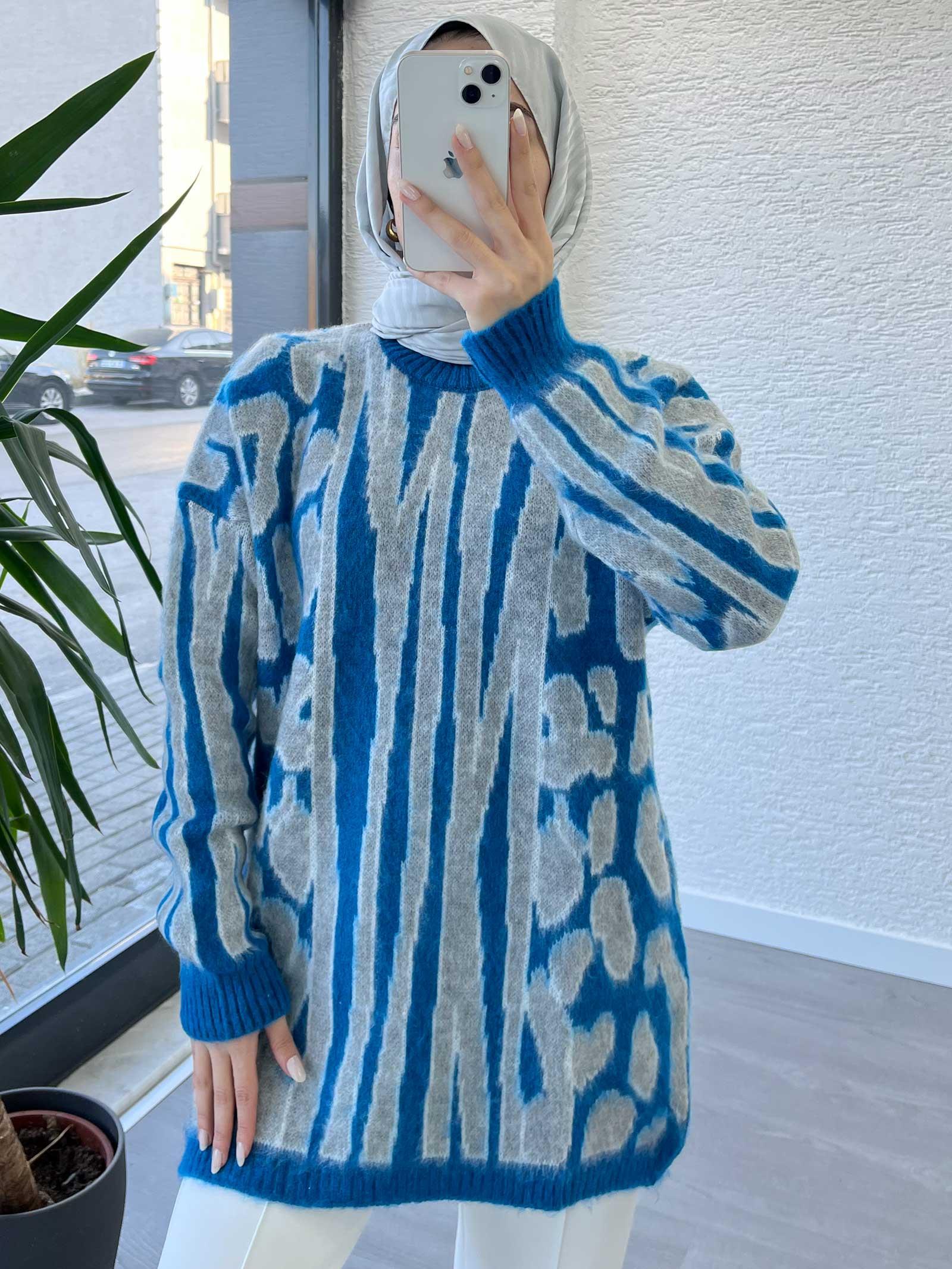 Mavi Leopar Desen Kazak Tunik