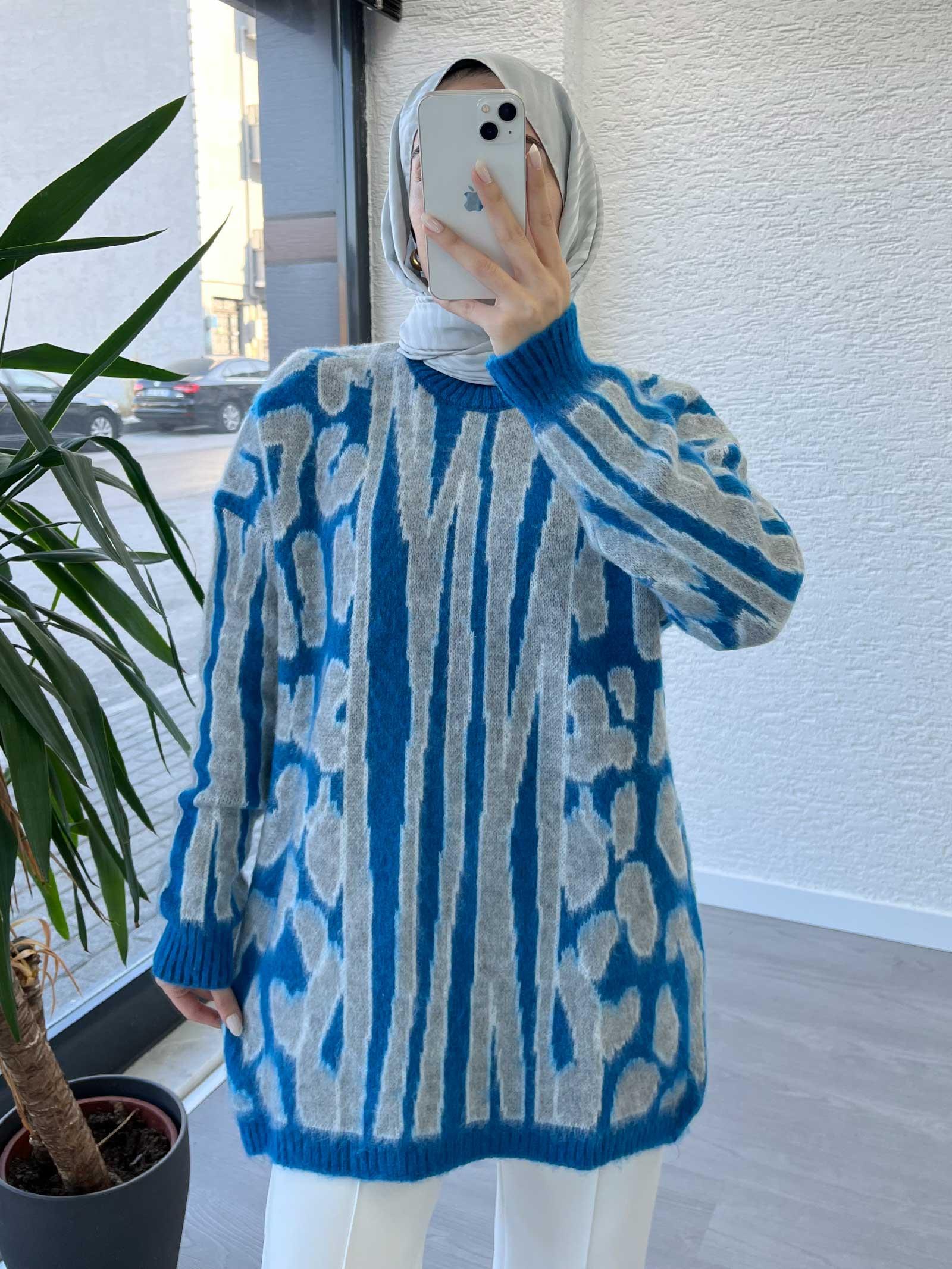 Mavi Leopar Desen Kazak Tunik