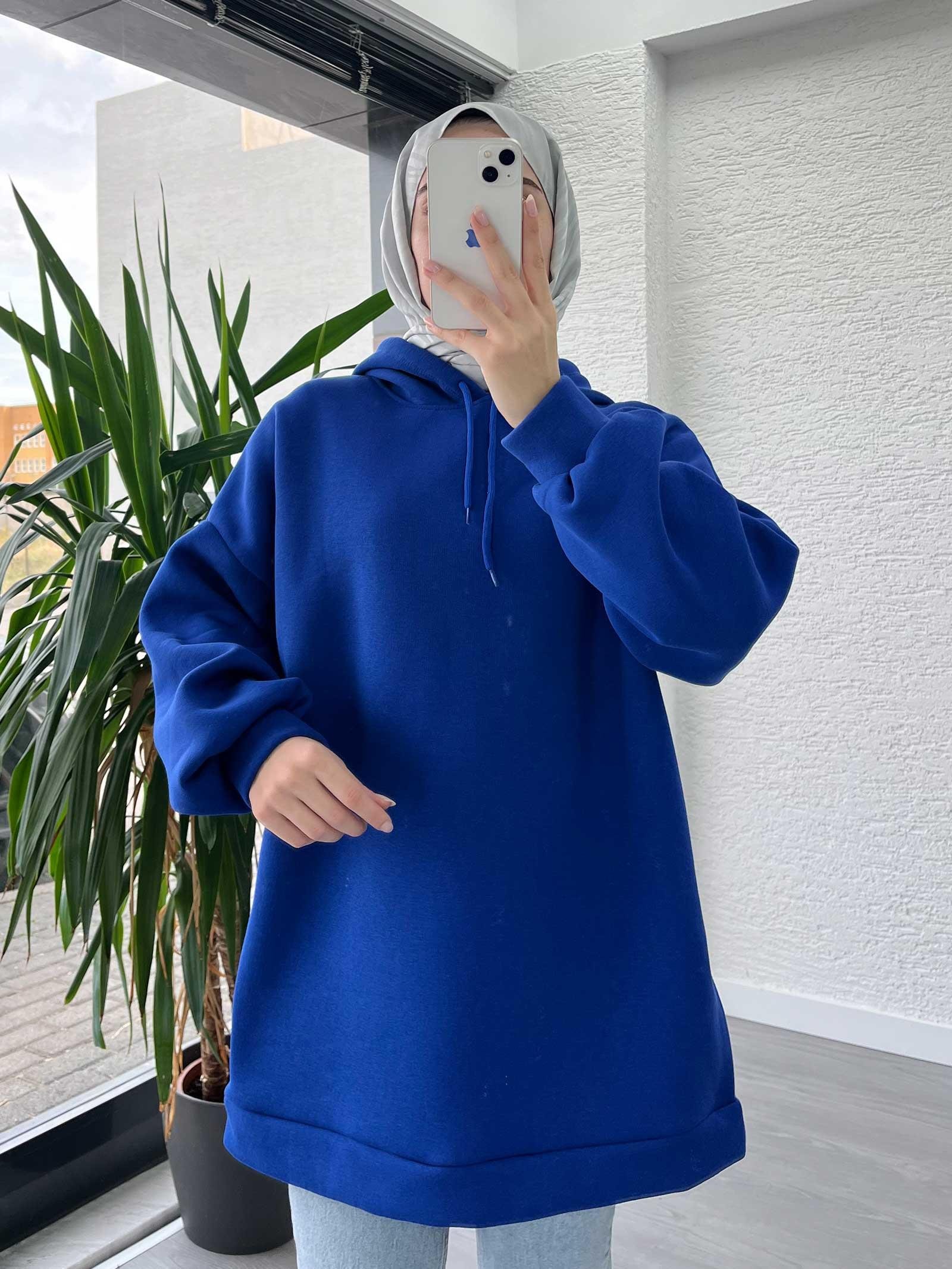 Mavi Oversize Kapüşonlu Sweat