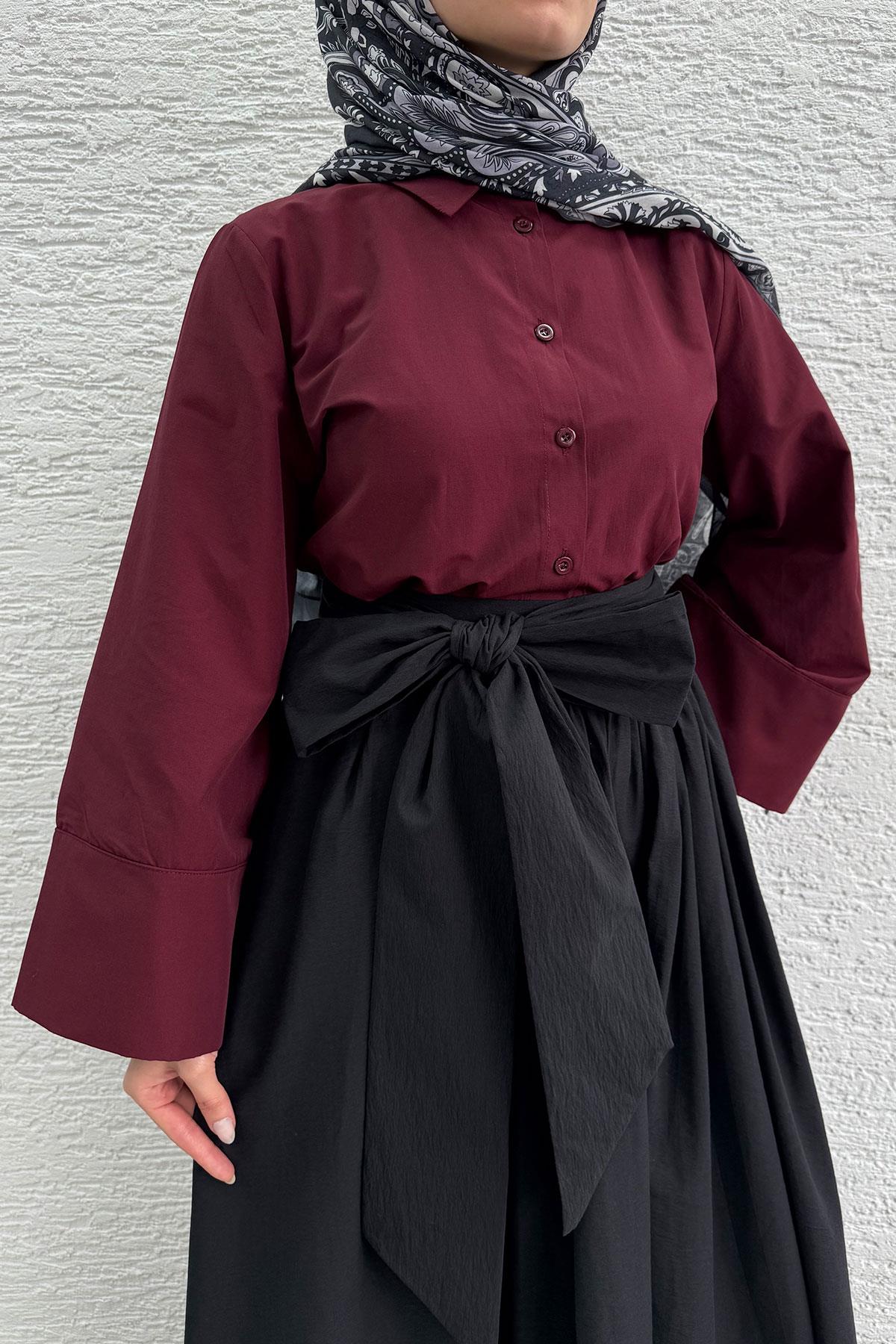 Minimalist Oversize Yarasa Kol Poplin Kadın Gömlek - Bordo