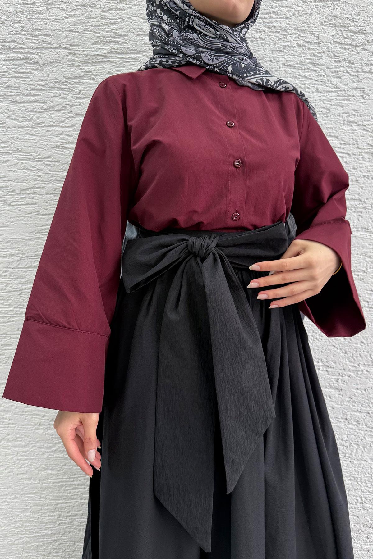 Minimalist Oversize Yarasa Kol Poplin Kadın Gömlek - Bordo