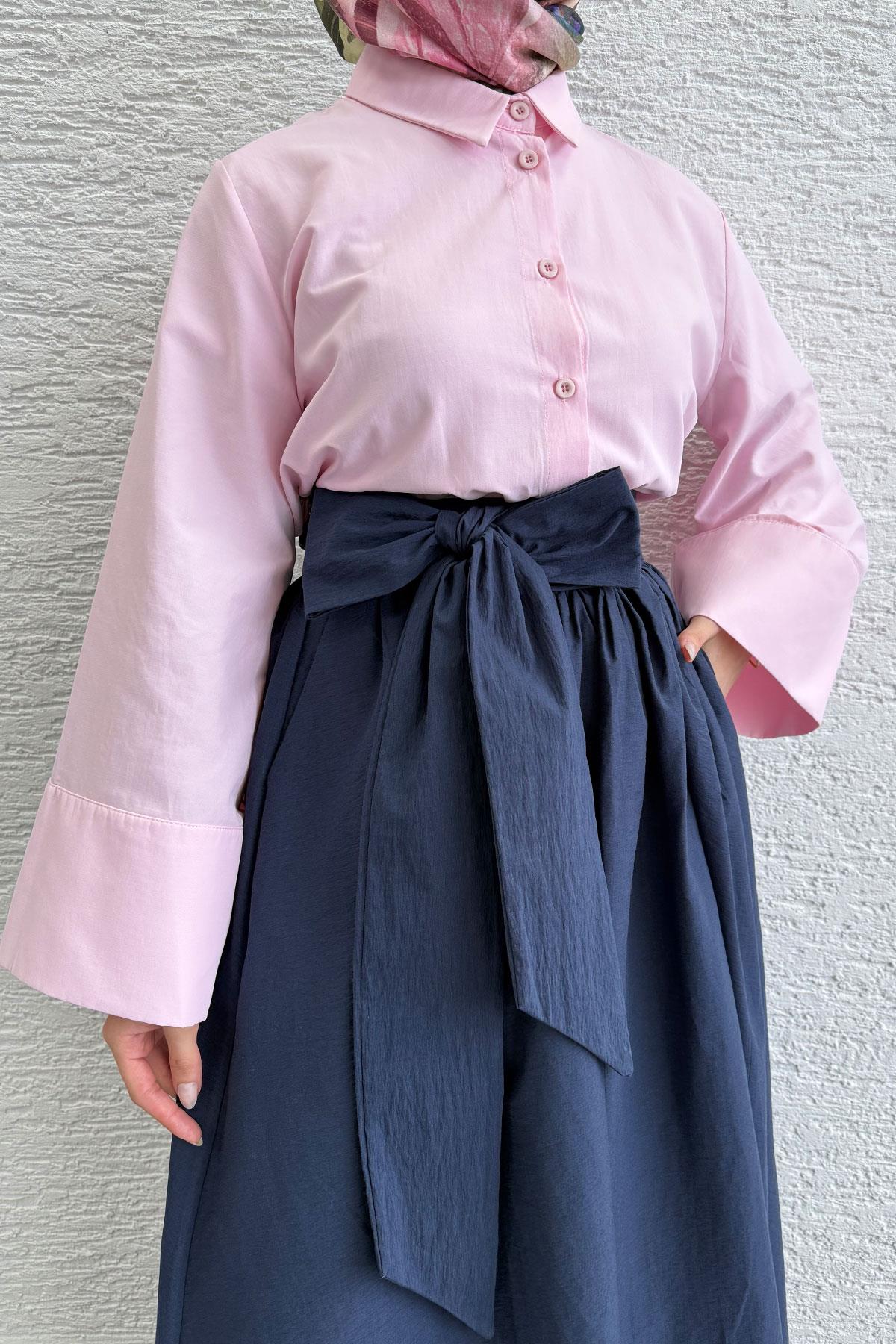 Minimalist Oversize Yarasa Kol Poplin Kadın Gömlek - Pembe