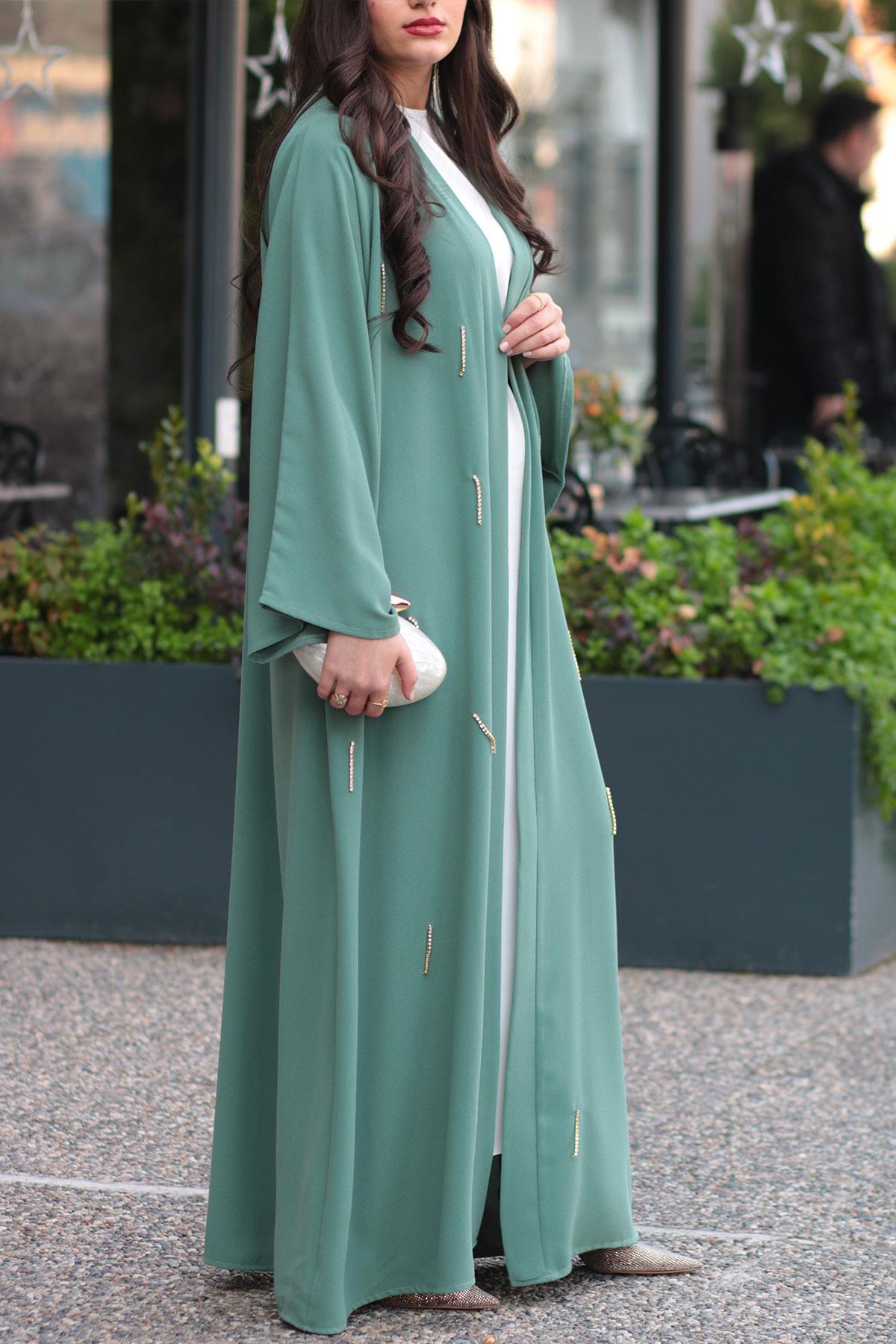 Mint Taşlı Abaya 