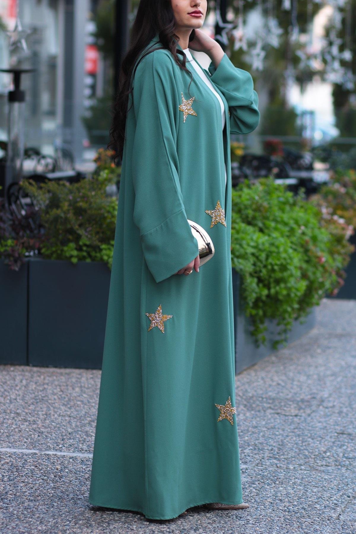 Mint Yıldız Detaylı Abaya 