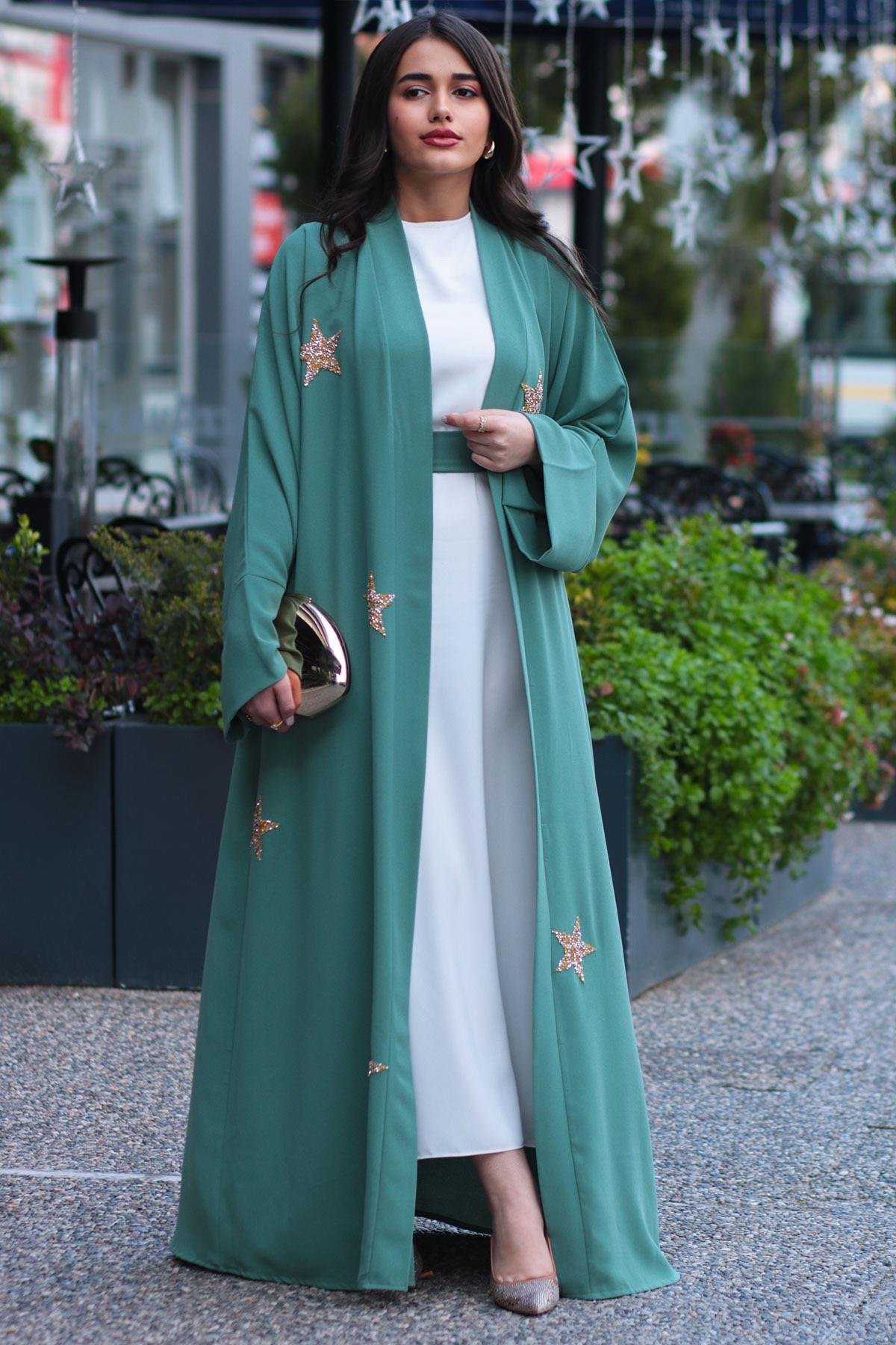 Mint Yıldız Detaylı Abaya 