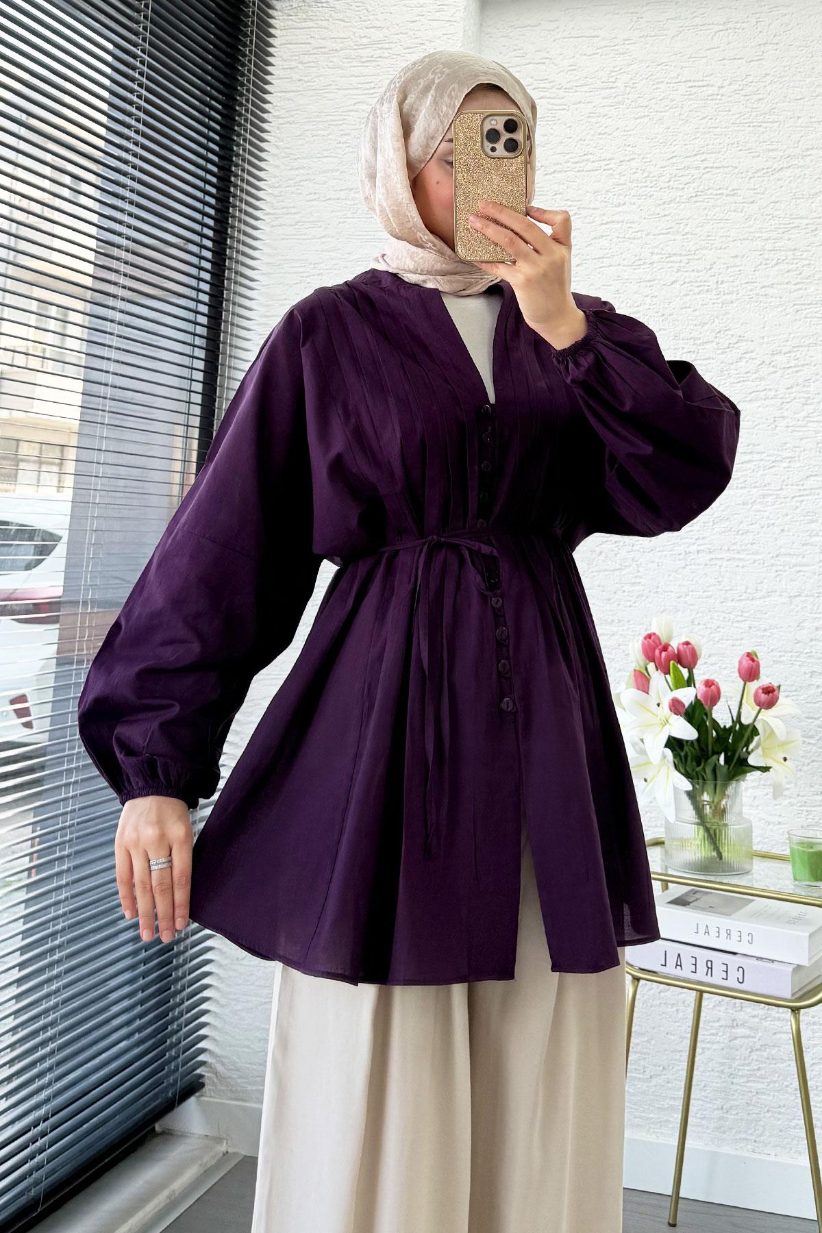 Nervür Detaylı Vual Tunik - Mor