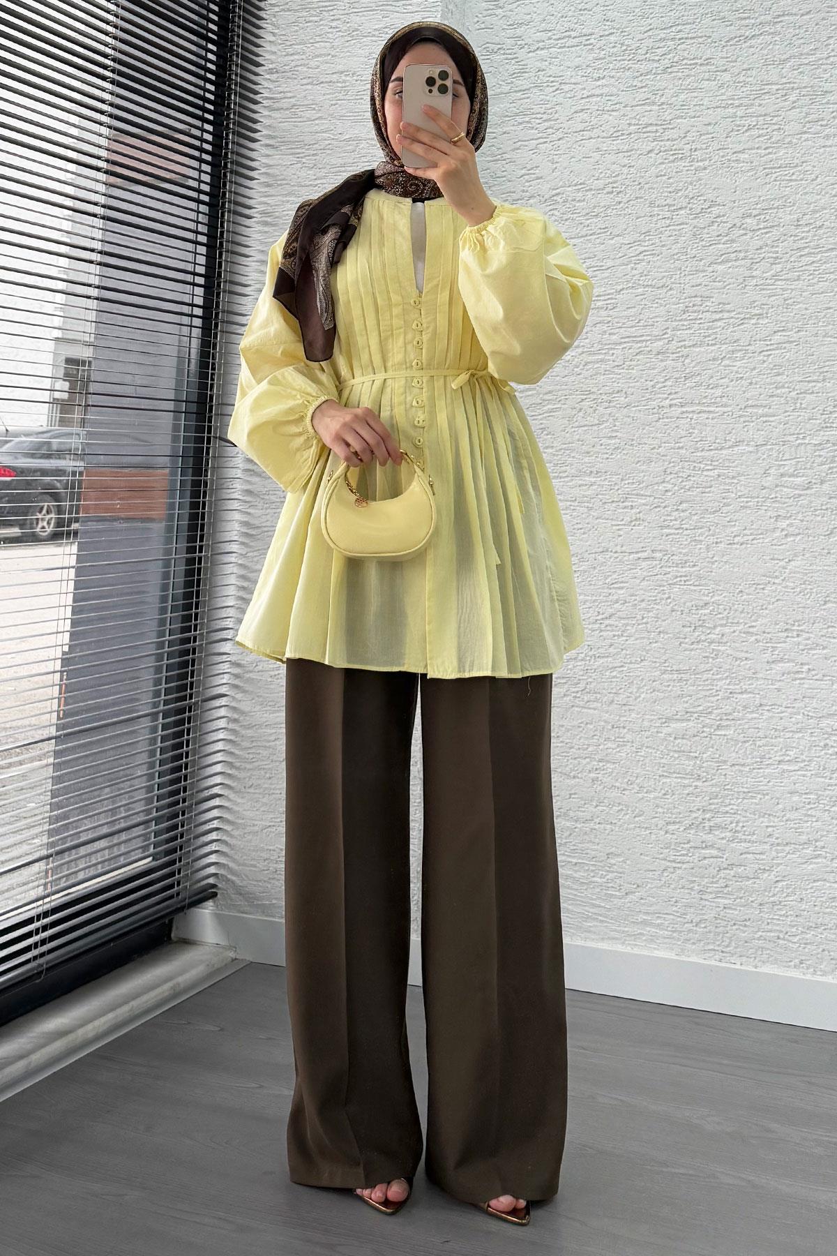 Nervür Detaylı Vual Tunik -Sarı