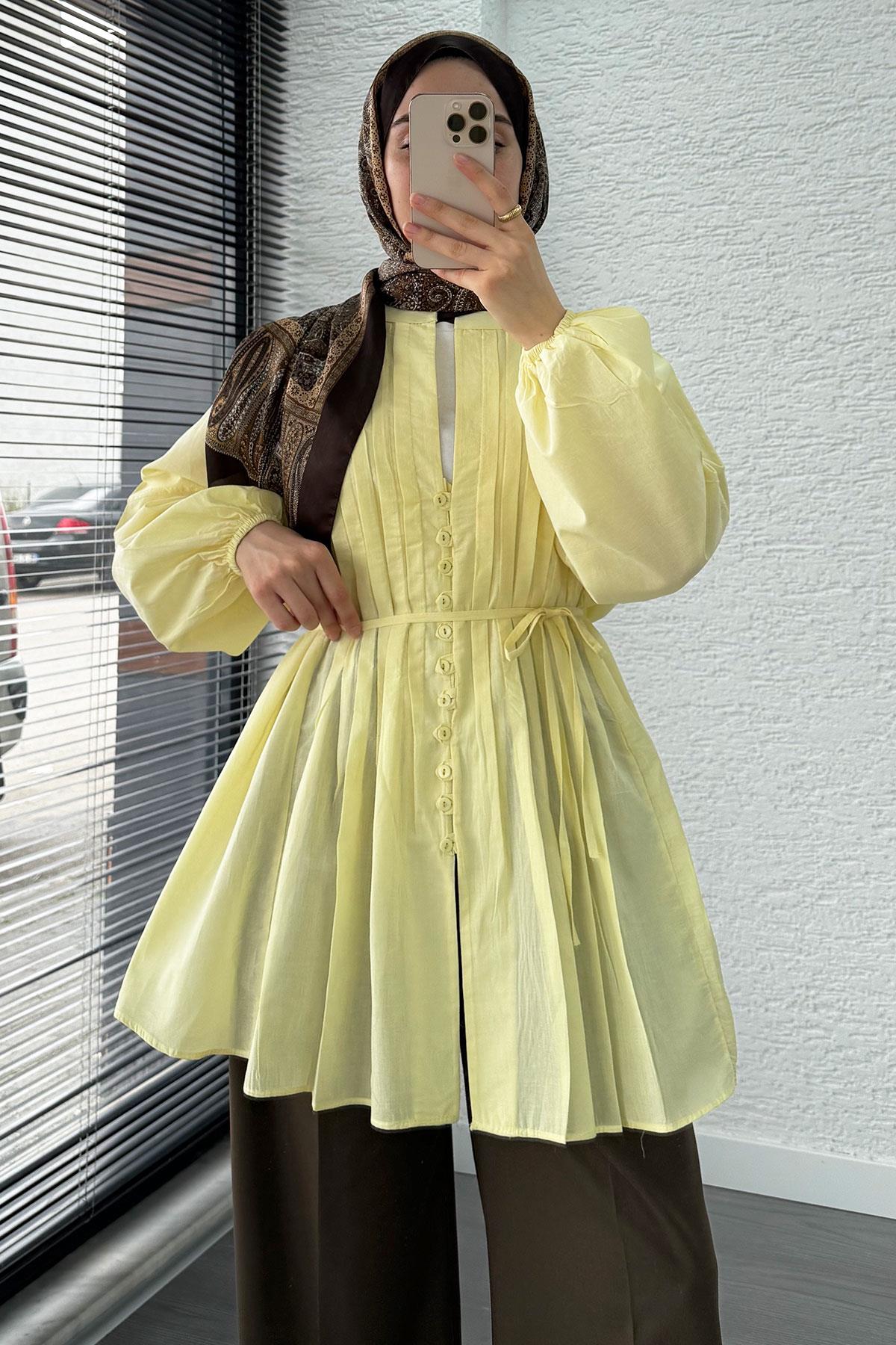 Nervür Detaylı Vual Tunik -Sarı