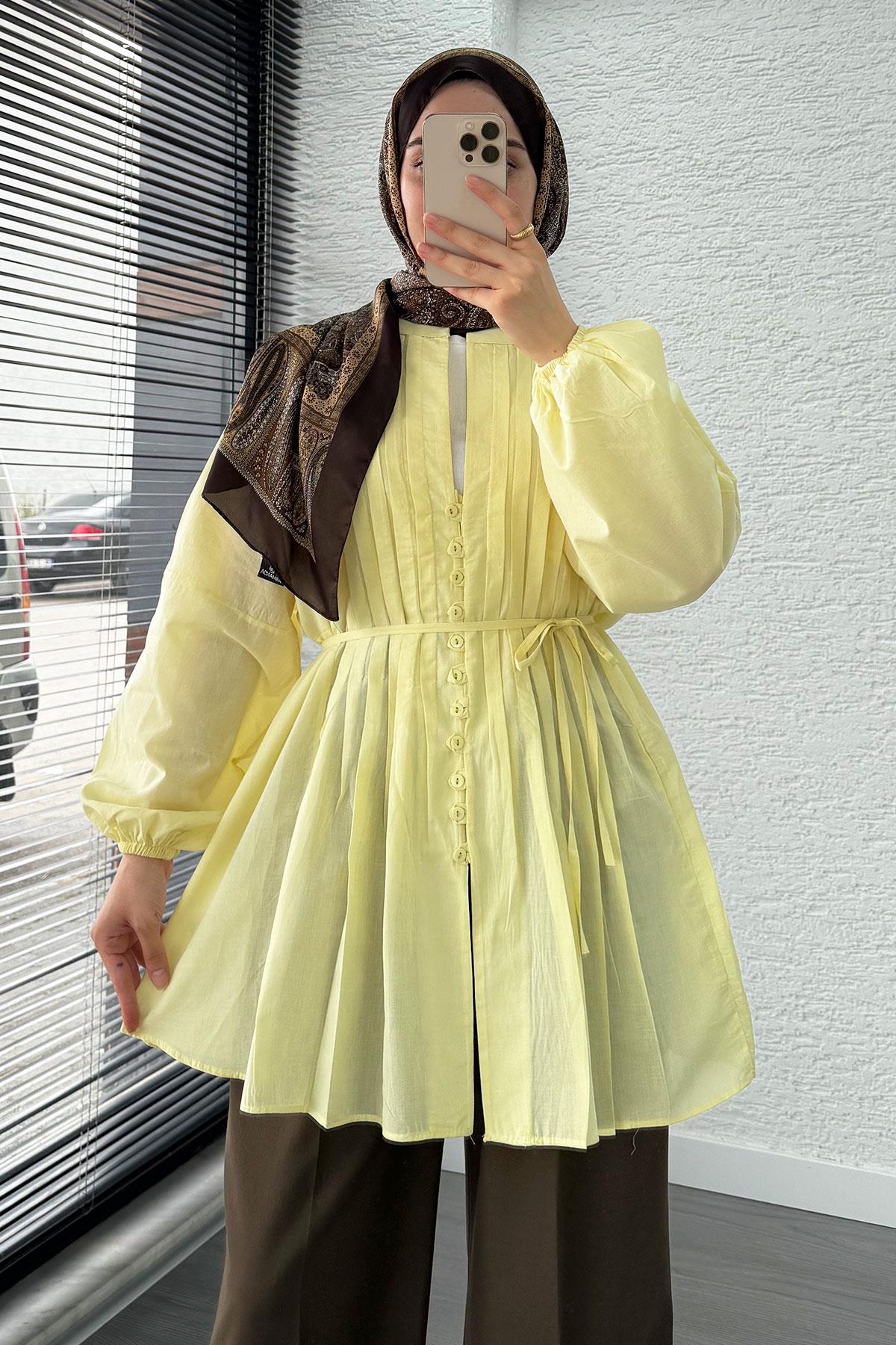 Nervür Detaylı Vual Tunik -Sarı