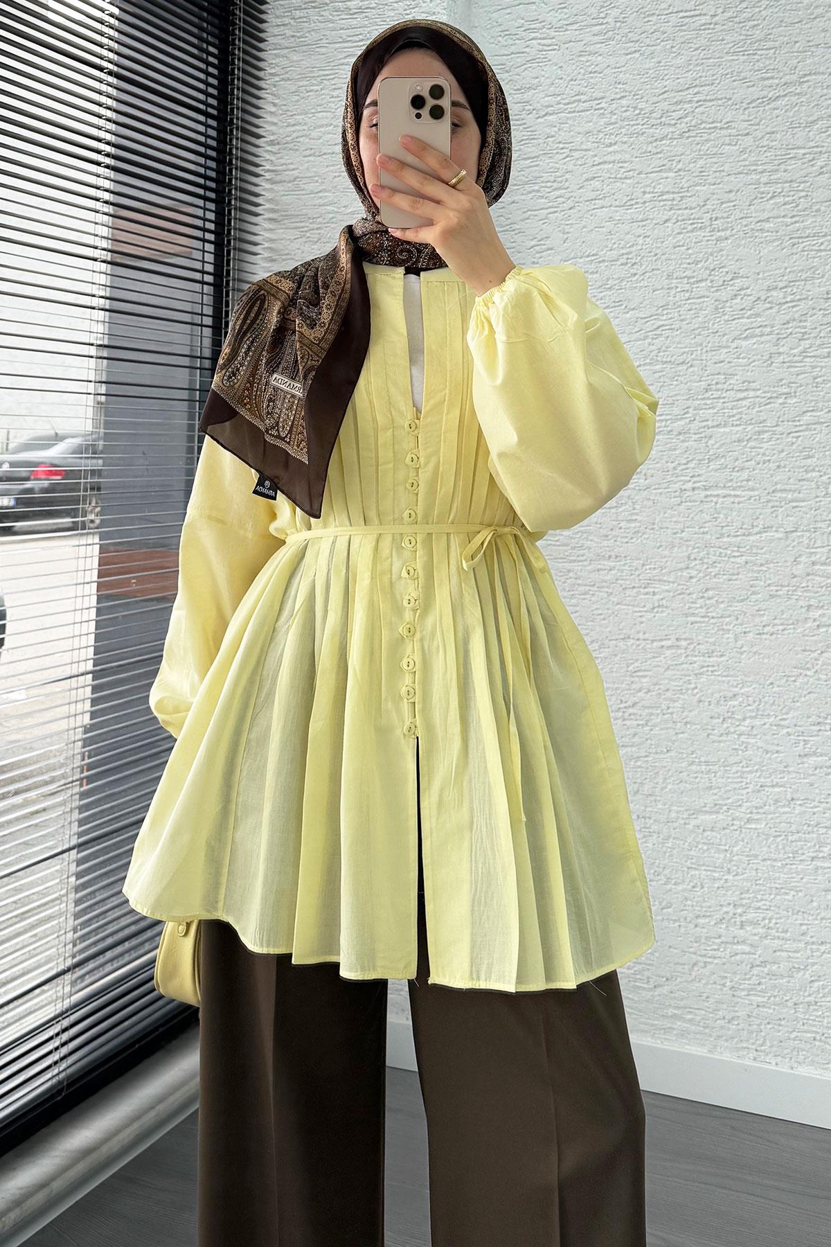 Nervür Detaylı Vual Tunik -Sarı