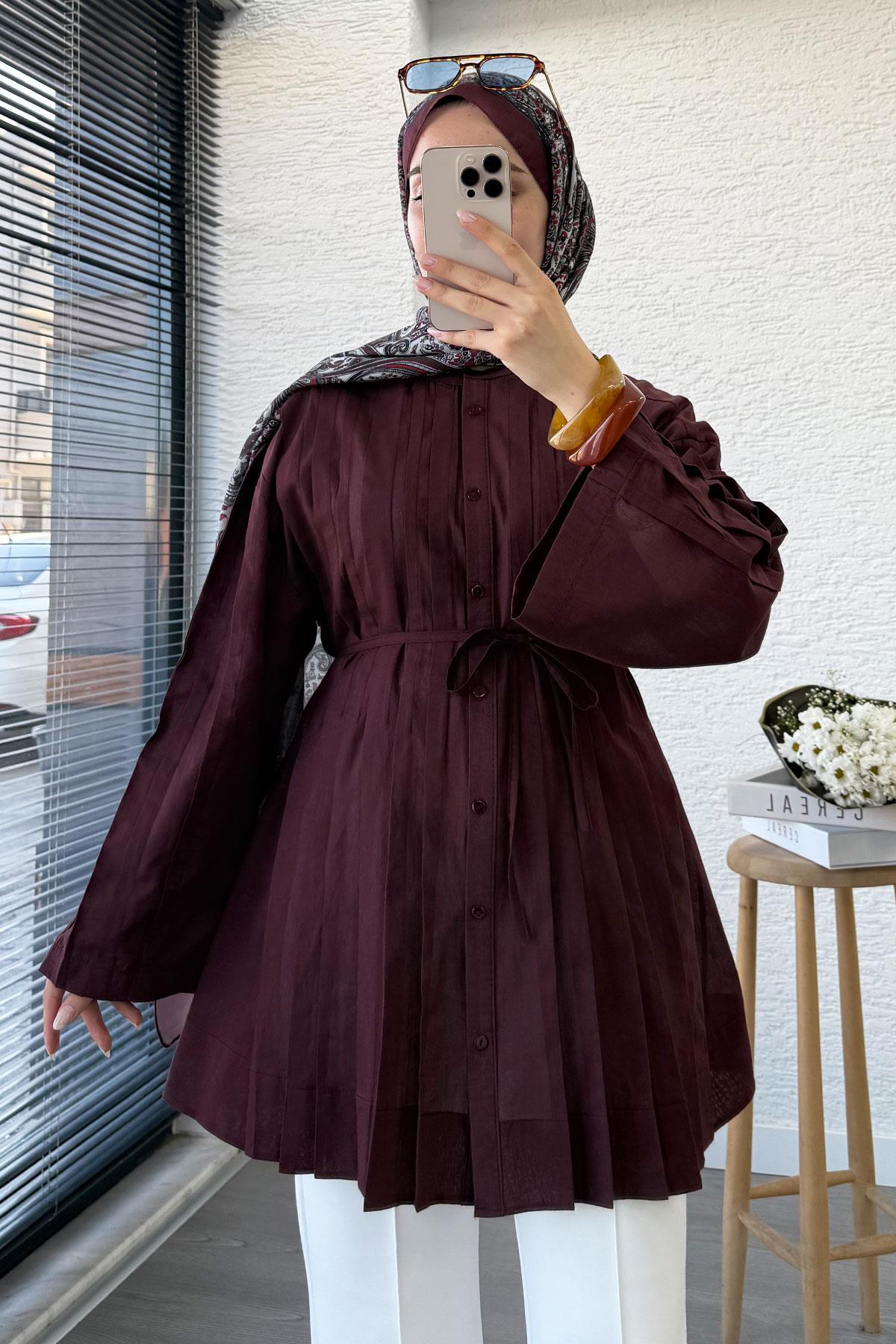 Nervürlü Geniş Kollu Vual Tunik - Bordo