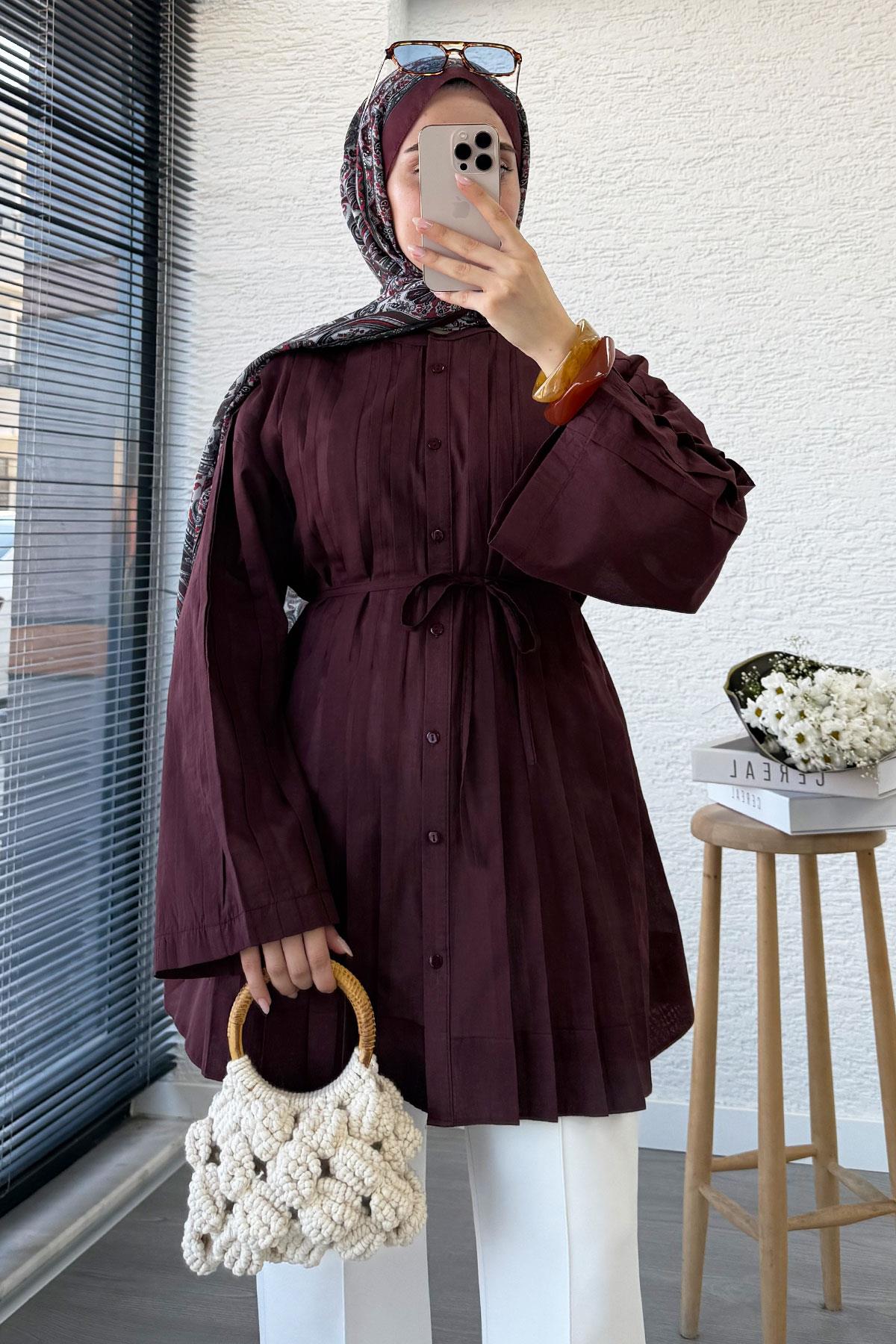 Nervürlü Geniş Kollu Vual Tunik - Bordo