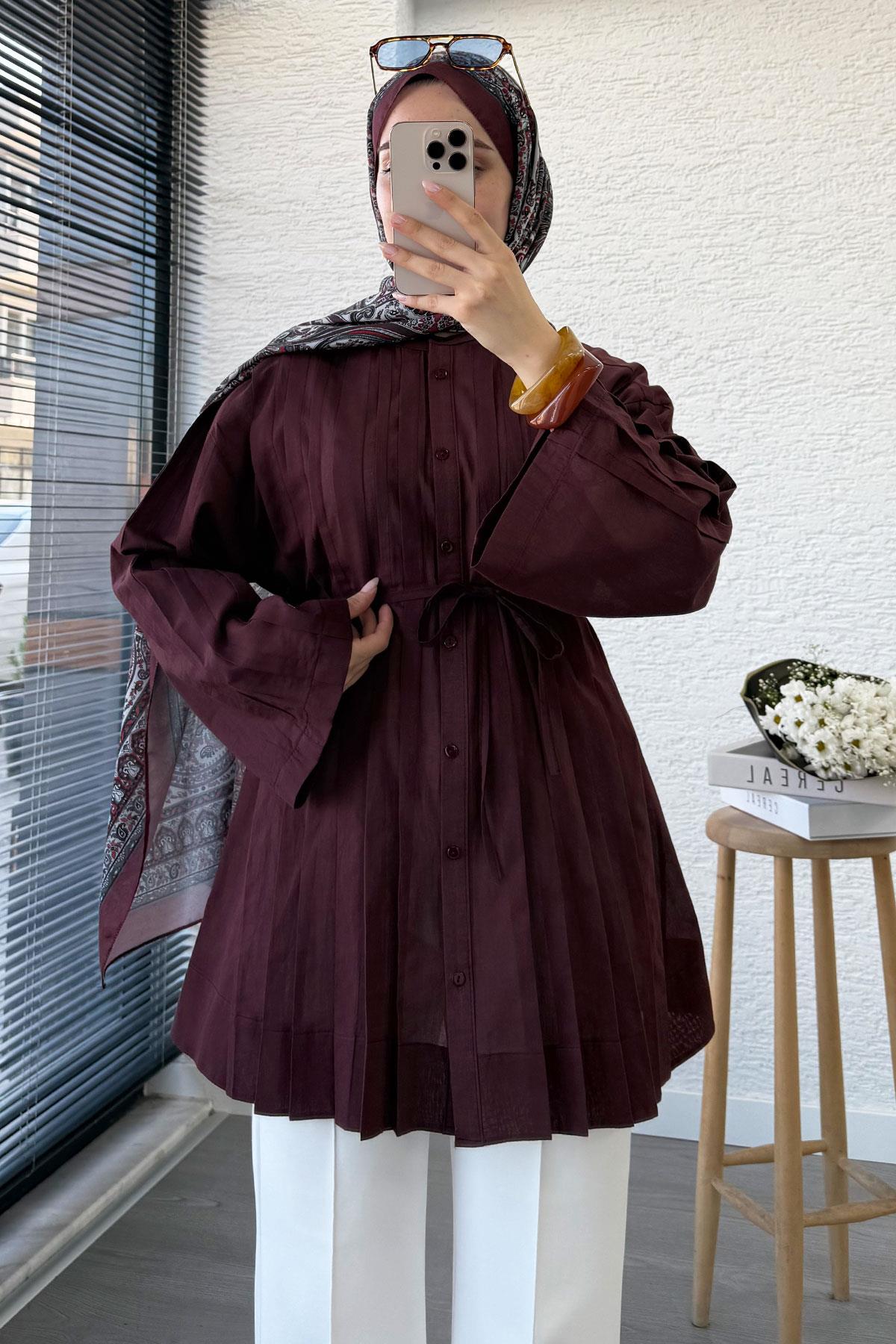 Nervürlü Geniş Kollu Vual Tunik - Bordo