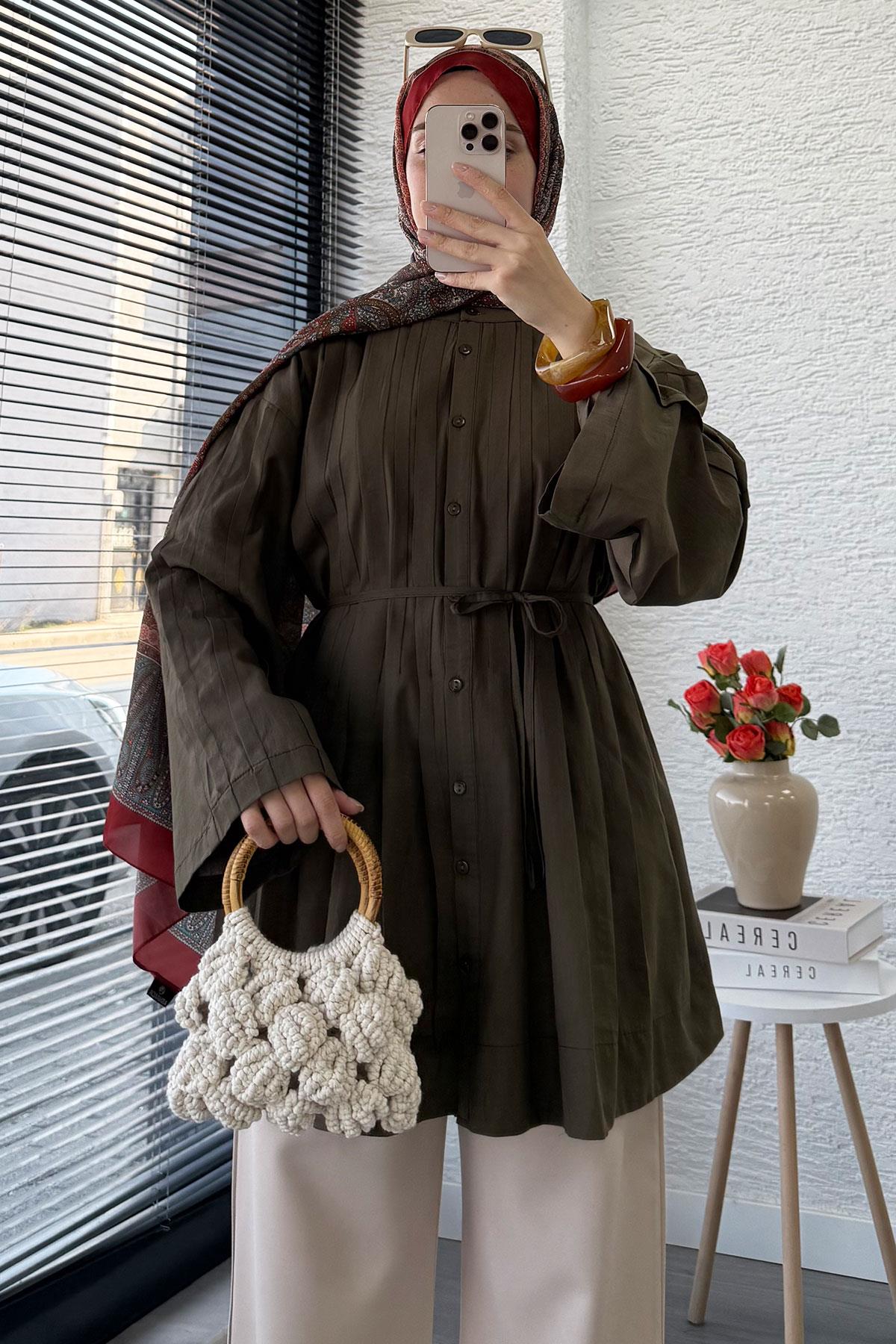 Nervürlü Geniş Kollu Vual Tunik - Haki