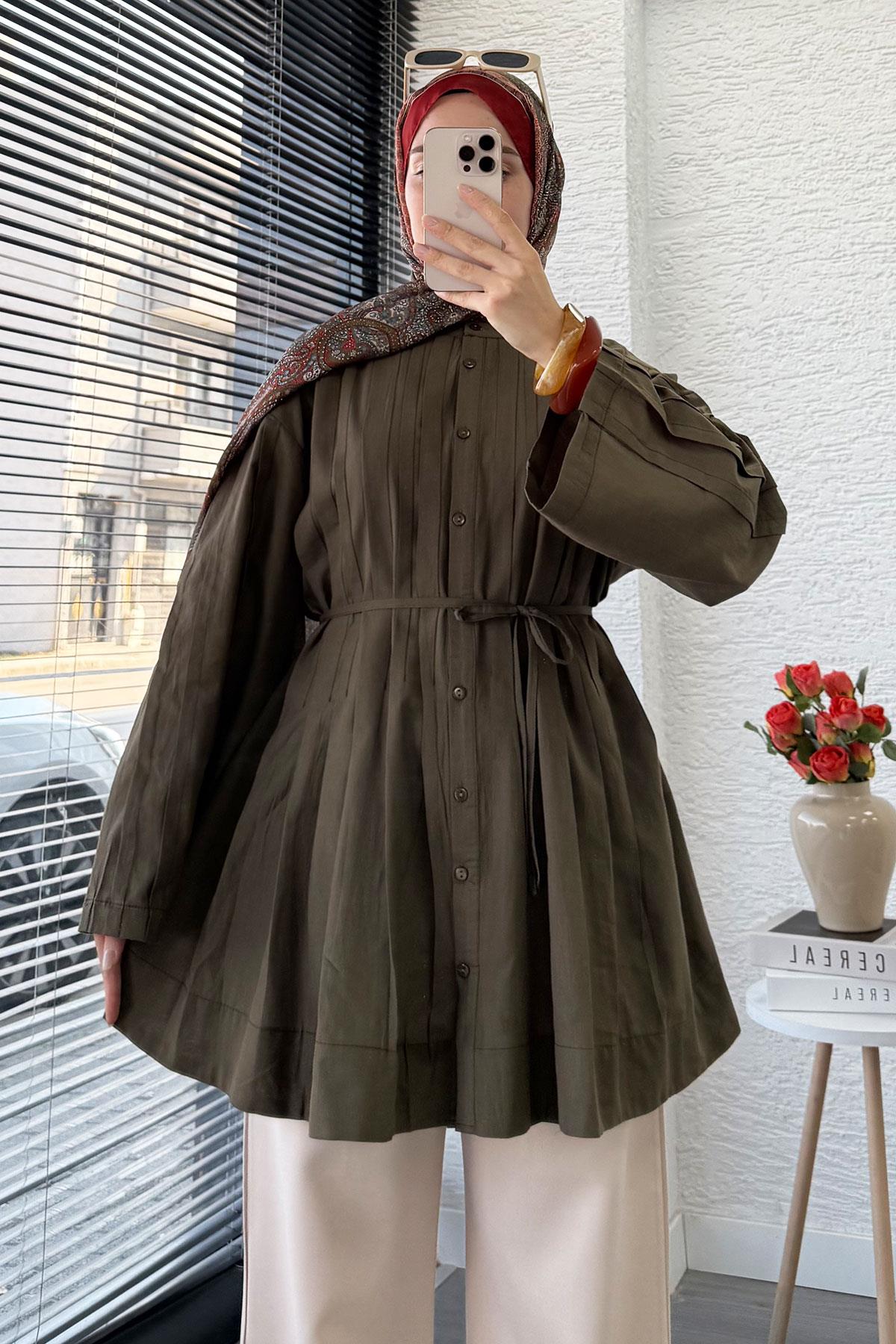 Nervürlü Geniş Kollu Vual Tunik - Haki