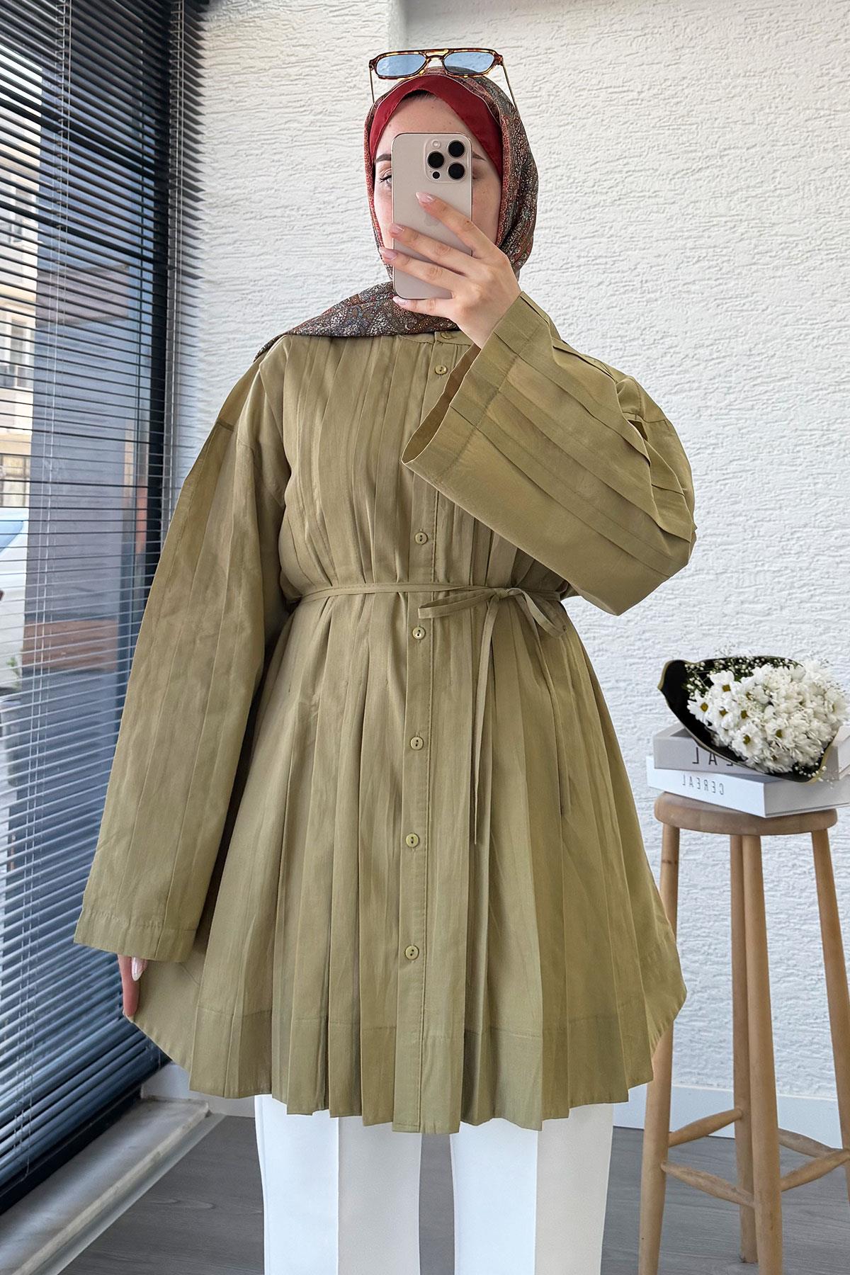 Nervürlü Geniş Kollu Vual Tunik - Haki