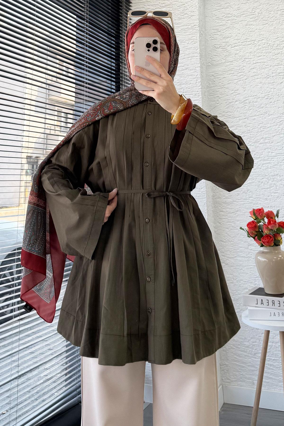 Nervürlü Geniş Kollu Vual Tunik - Haki