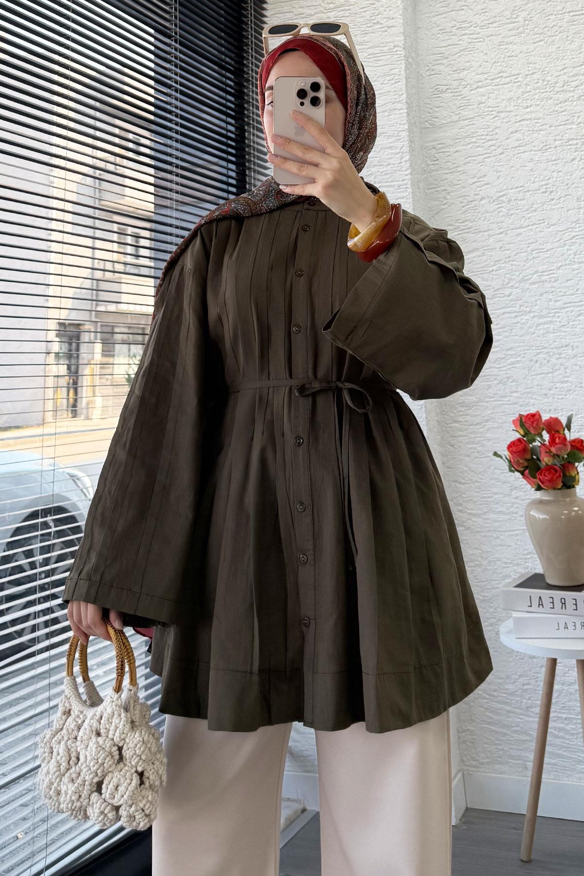 Nervürlü Geniş Kollu Vual Tunik - Haki